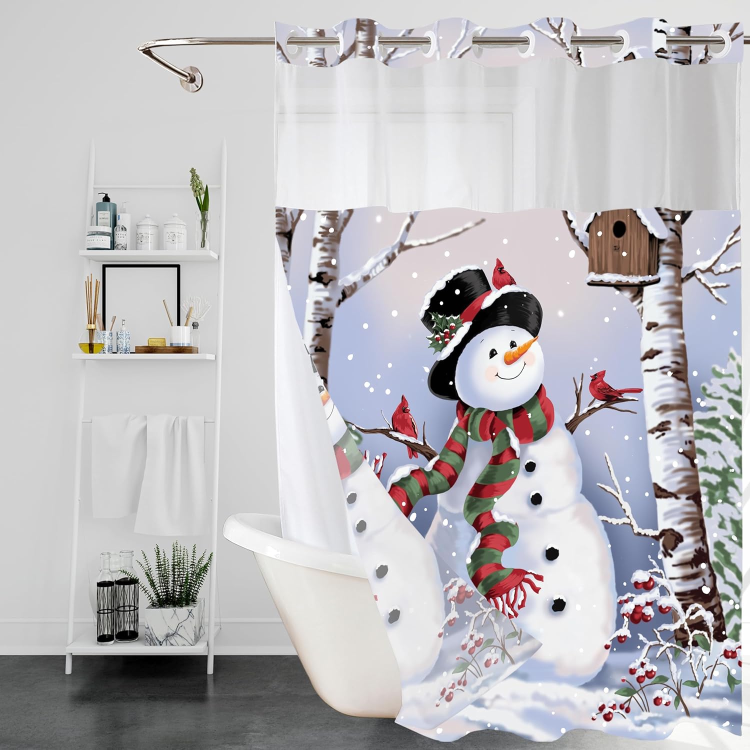 Christmas Snowman Shower Curtain No Hooks with Snap in Liner-Snowny Winter Xmas Tree Shower Curtains for Bathroom,Winter Snowflake Holiday Bath Curtain, Water-Repellent & Washable Fabric,71 x 74 Inch