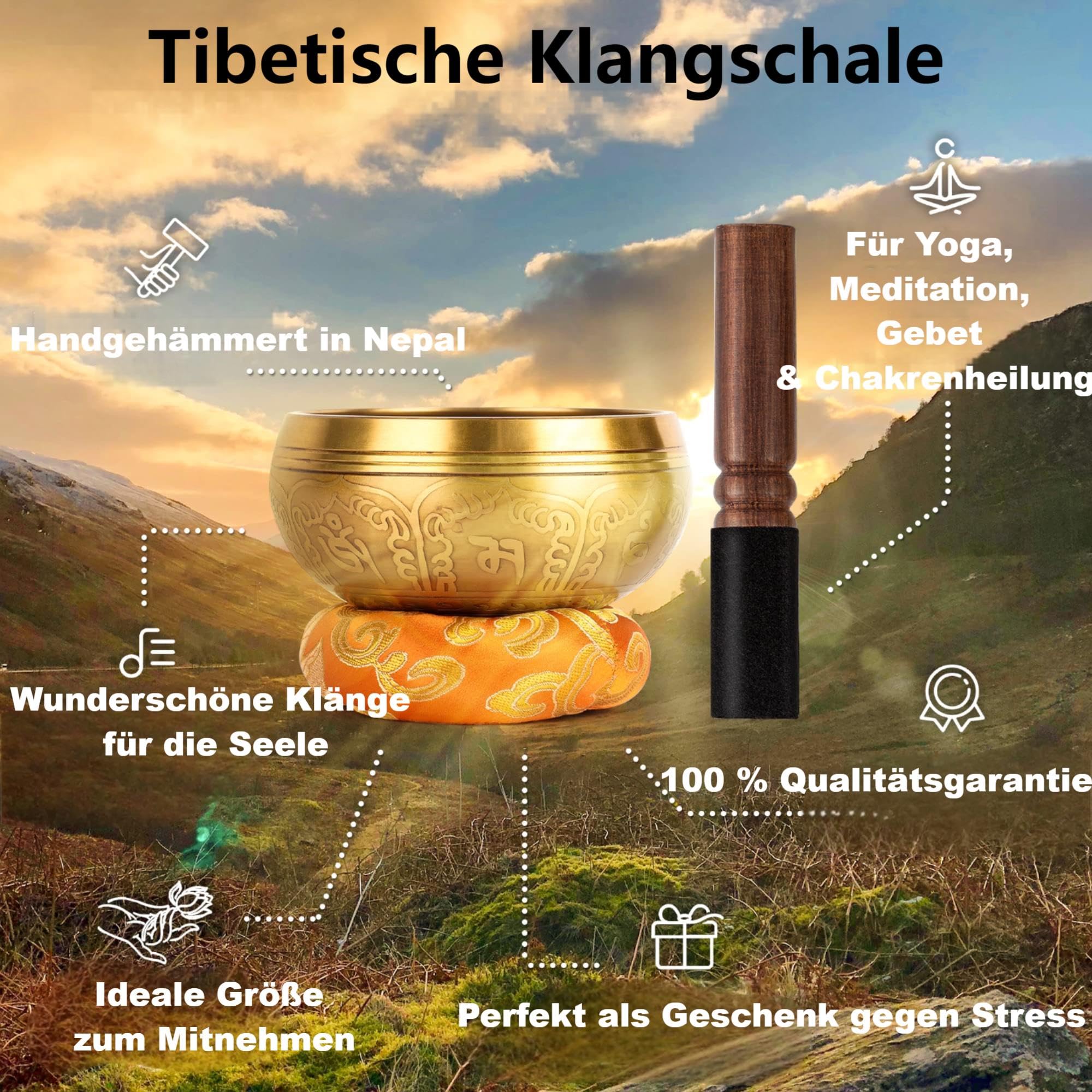 Tibetisches Klangschalen-Set – 100% handgehämmert in Nepal Klangschale für Meditation, Yoga, Chakra, Meditationszubehör, einzigartige Geschenke für Frauen, Männer (9.5 cm)