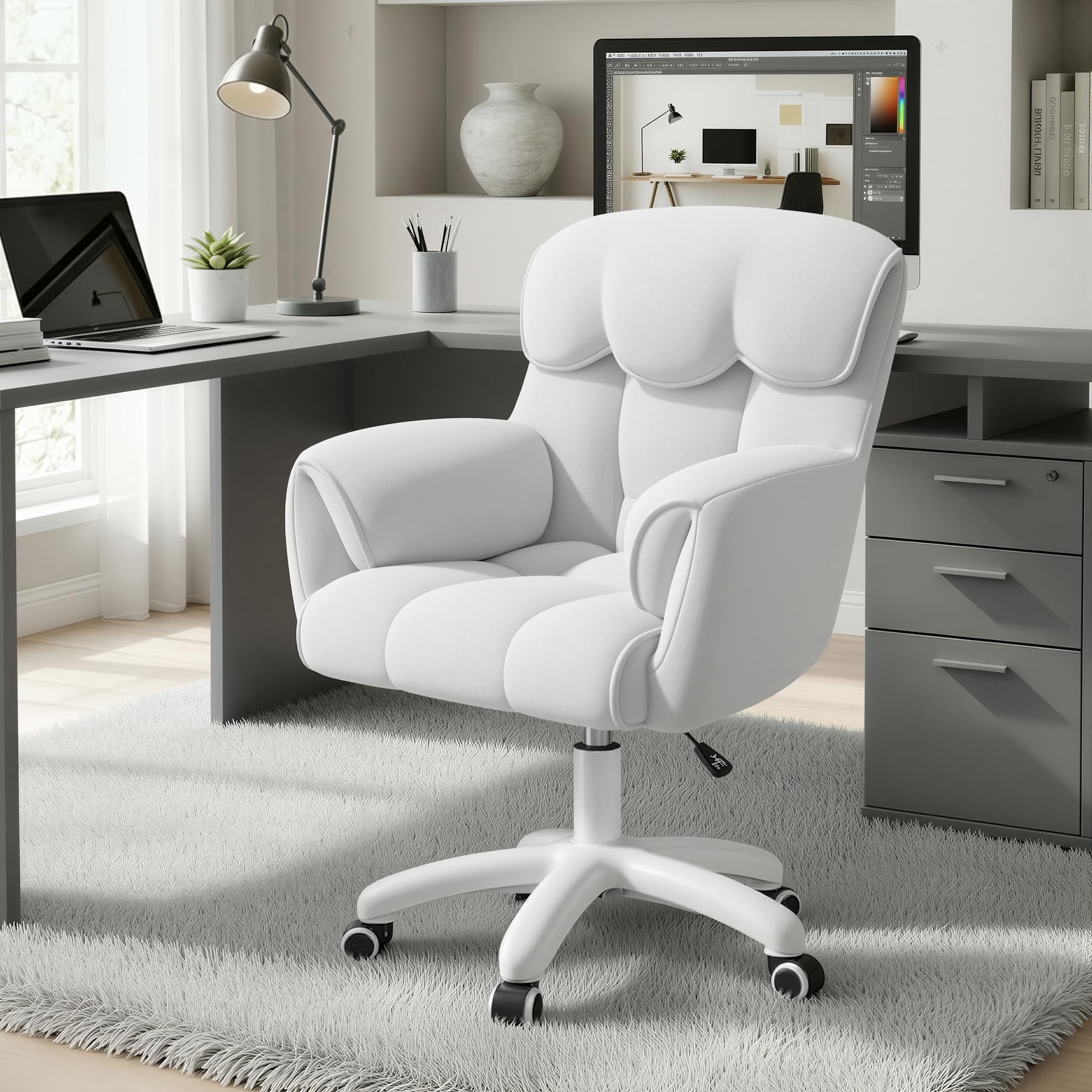 Aivermeil Ergonomic Office Chair, Height-Adjustable Desk Chair with Armrests, 360° Swivel Function, Velvet Cover, for Home Office and Office, Load Capacity up to 150 kg, White