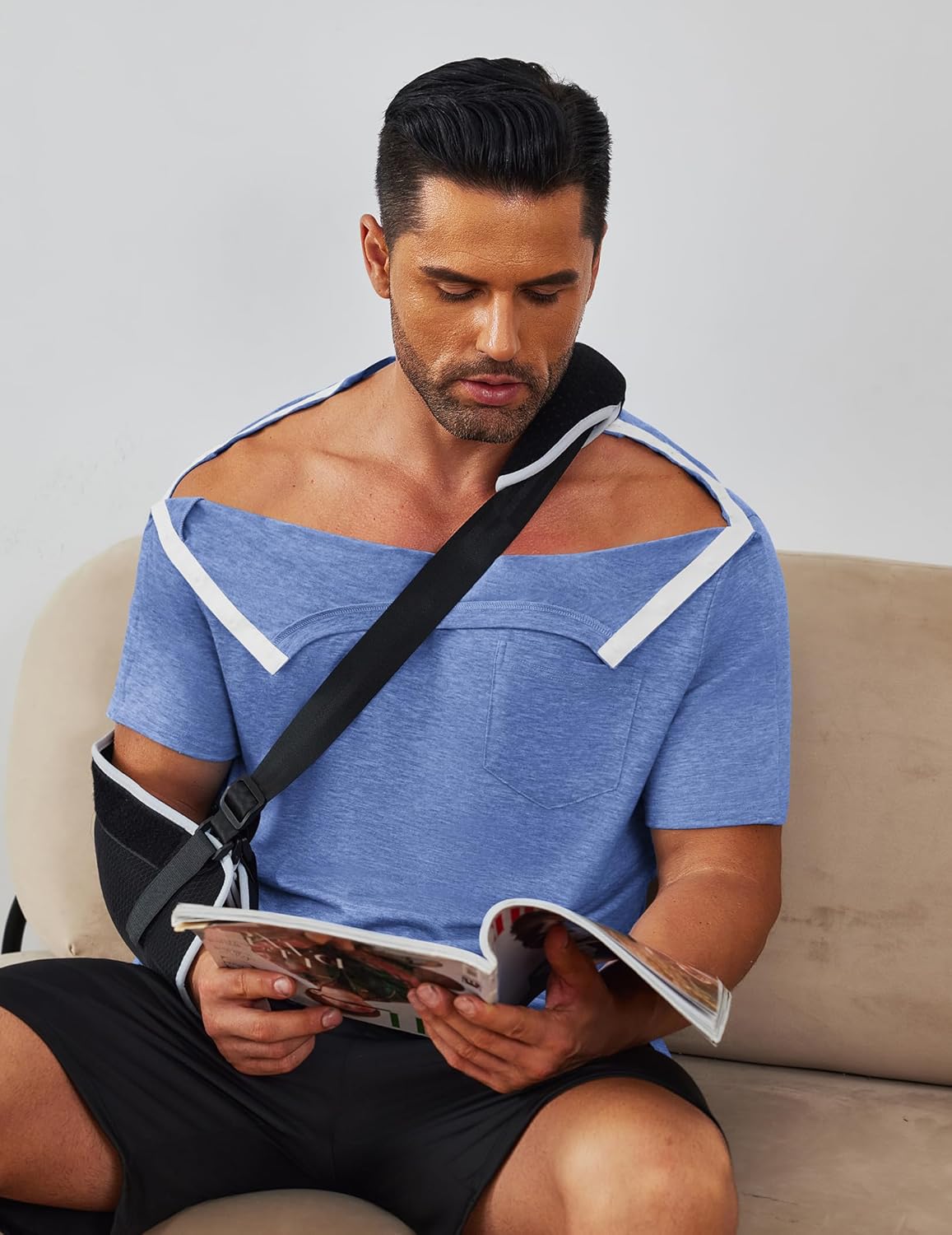 Deyeek Men's Post Shoulder Surgery Shirts Recovery Tear Away Short Sleeve Full Open Side Snap Adaptive Chemo Clothing - Image 7