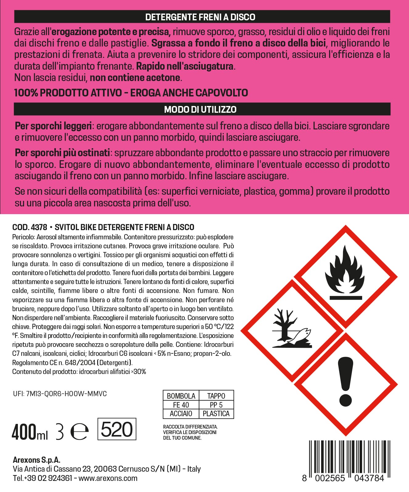 SVITOL Detergente Freni a Disco, Speciale Giro d'Italia, Asciugatura Rapida, Erogazione Precisa, Senza Residui, Sicuro su tutti i Materiali, 400 ml