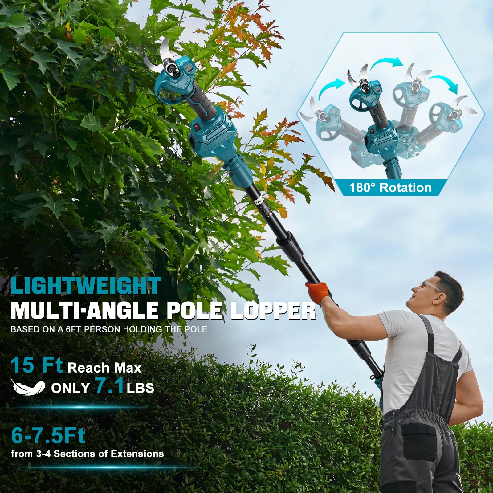 Akku Astschere Mit 2.0M Teleskop für Makita 18V (ohne Akku) 1000W | Bürstenlose Gartenschere Öffnung 45mm, Max 30mm Schnittdurchmesser, LCD Display Elektrische Schere zum Sträuchern und Ästen