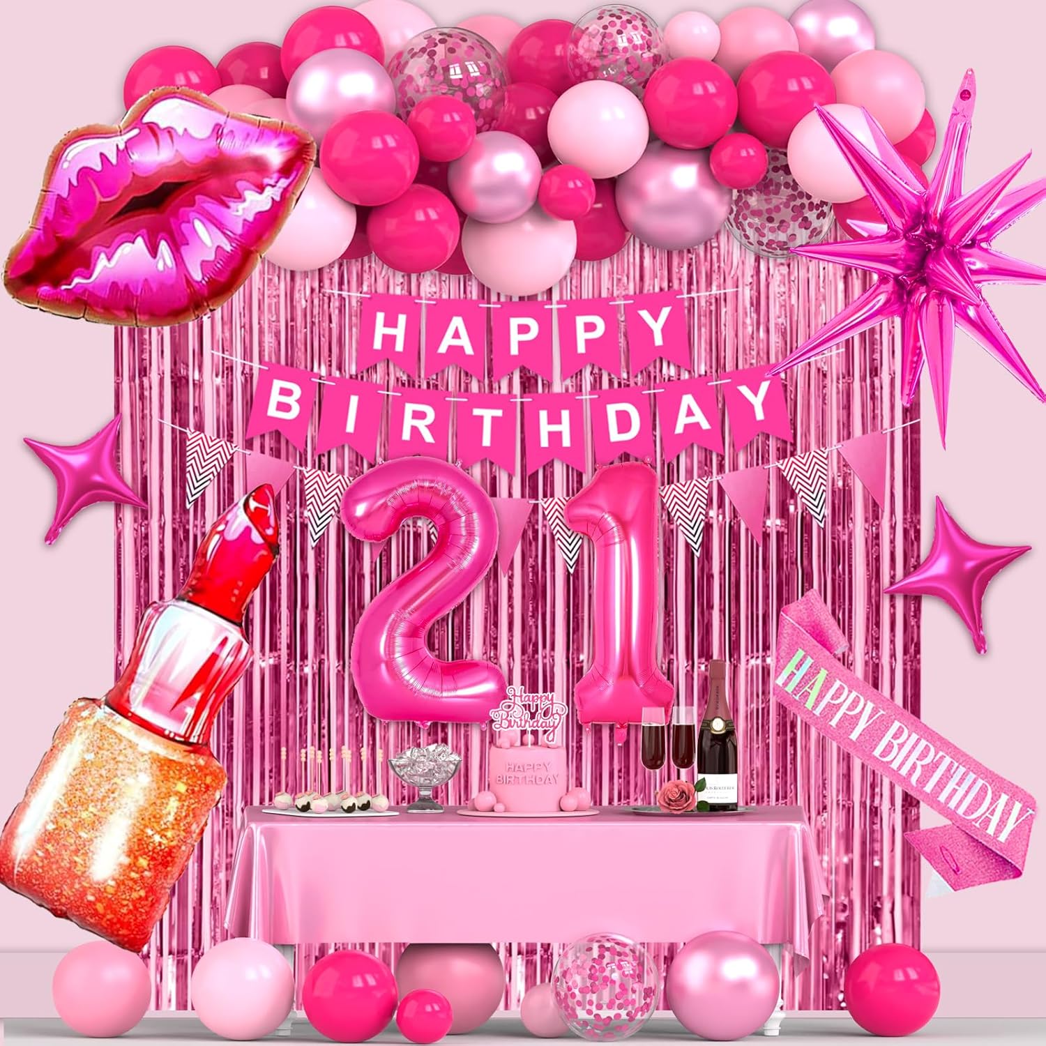 21st Pink Birthday Decorations, Hot Pink Birthday Party Decorations for Women, Happy 21st Birthday Party Supplies with Banner, Number Foil Balloon, Cake Topper, Fringe Curtain, Star Foil Balloons