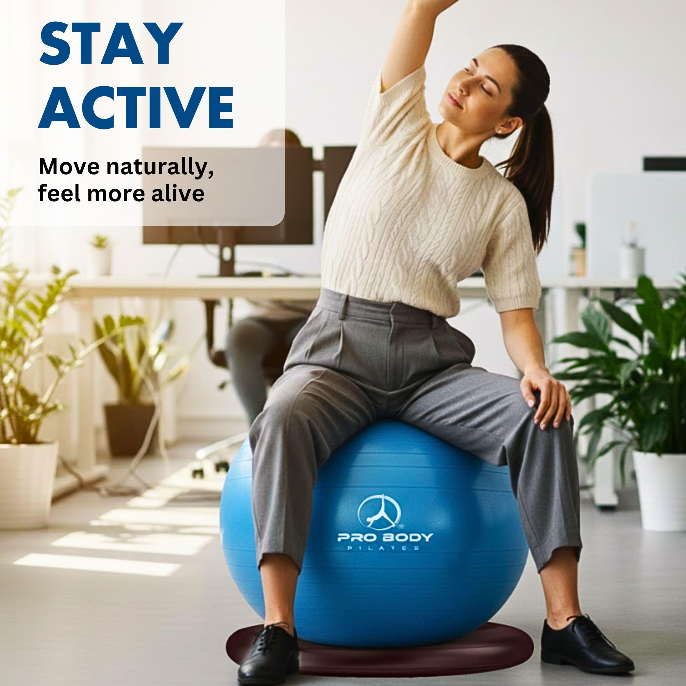 ProBody Pilates Sfera per yoga, sedia a sfera con base o supporto e fasce per casa, ufficio, scrivania, seduta o allenamento, 65 cm, per bilanciamento e stabilità, grande palla da palestra per schiena, addominali