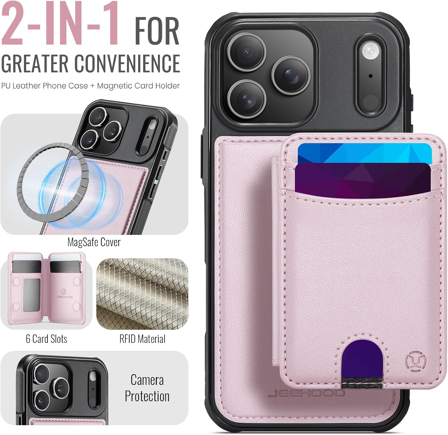 for iPhone 17 Pro Max MagSafe Wallet Case, 2-in-1 Detachable Luxury Card Holder, Universal MagSafe Compatible, RFID Blocking, Shockproof Kickstand Slim Cover， Strawberry Pink