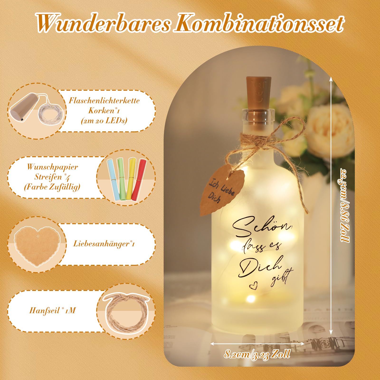 LED-Leuchtflasche Mit Aufdruck '50% Mama 50% Papa 100% Perfekt' - 29 Cm, Mit Glitzereffekt & Lichterkette, Batteriebetrieben
