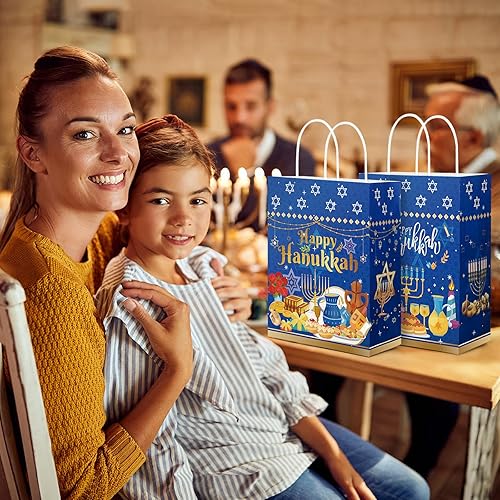 Miniatura 7 de HOWAF 12 bolsas de regalo de Hanukkah, bolsas de dulces Happy Hanukkah para festival judío de luces, suministros de fiesta, bolsas de golosinas de