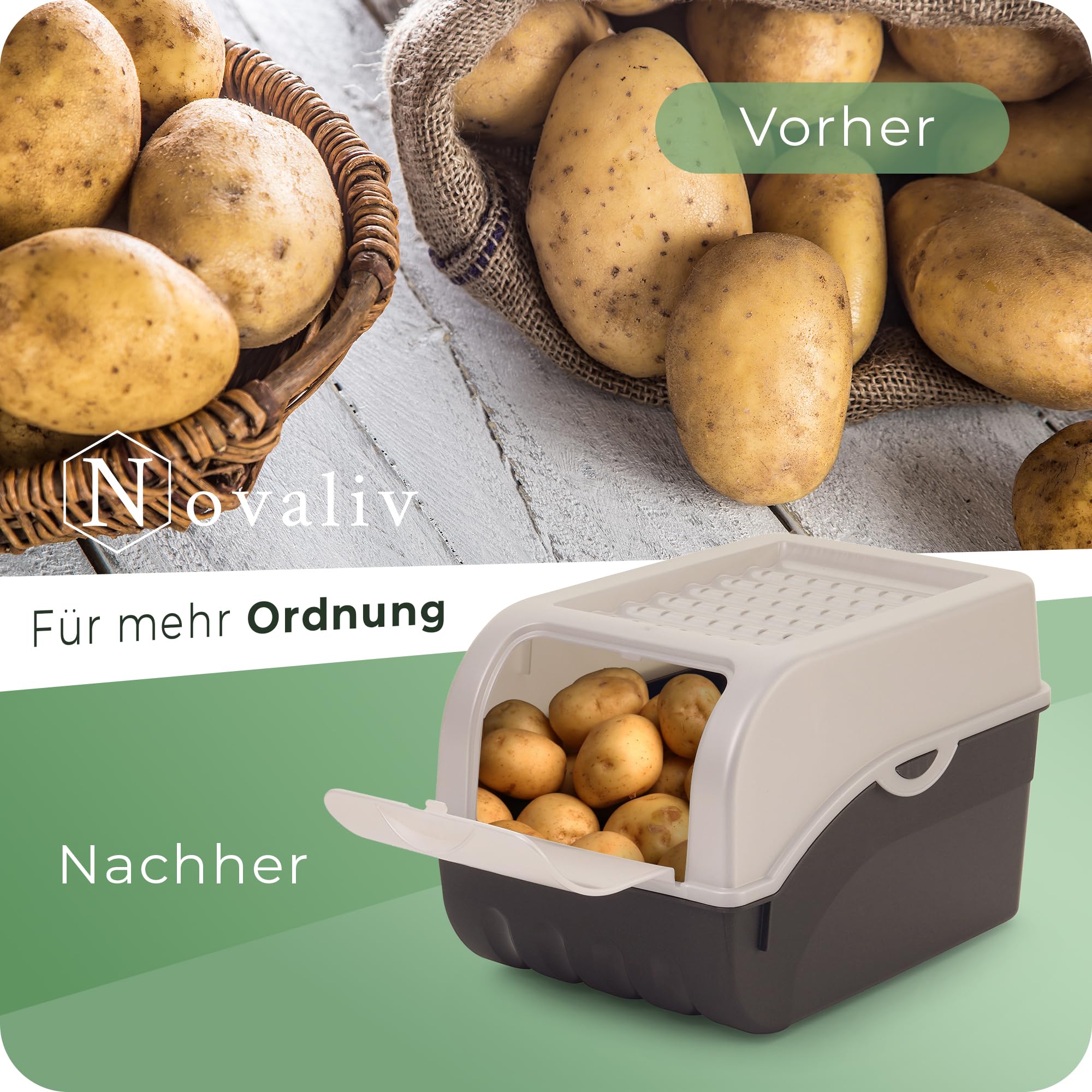 Novaliv Kartoffel Aufbewahrungsbox | 3x groß 9L | PERLMUT Weiss | Kartoffelbox | Gemüsebox stapelbar Zwiebelbox Kartoffelkorb Obstbehälter Kartoffelkiste Zwiebel Aufbewahrung Frischhaltedose Möhren