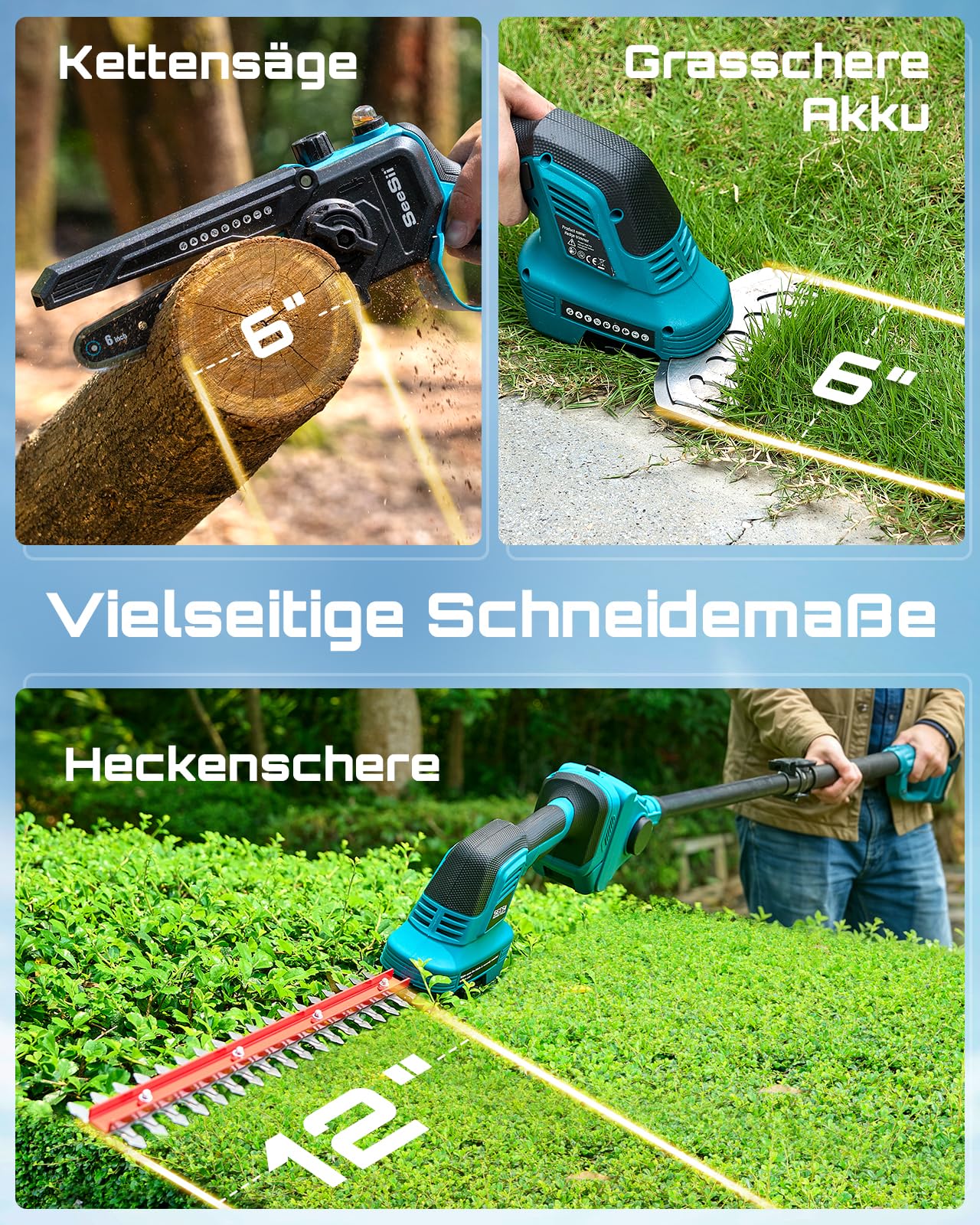 SEESII 6-in-1 Mini Kettensäge & Akku Heckenschere Set, Hochentaster mit 2 * 4000mAh Akkus, Maximale Reichweite bis zu 4,57m, Geeignet für Gartenpflege und zum Holzfällen