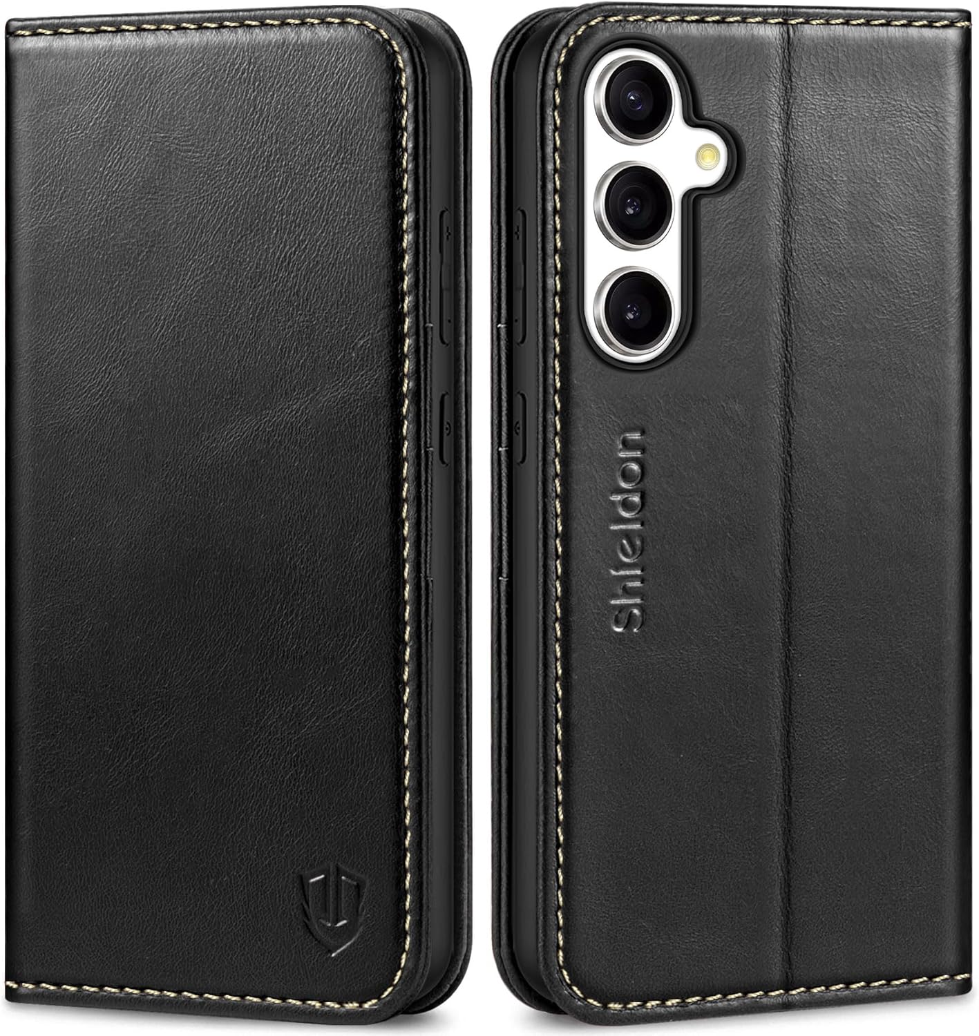 SHIELDON Wallet Case for Galaxy S24 FE 6.7", Genuine Leather Folio Magnetic Kickstand RFID Blocking Credit Card Slot Shockproof Protective Cover Compatible with Galaxy S24 FE 2024 - Retro Black