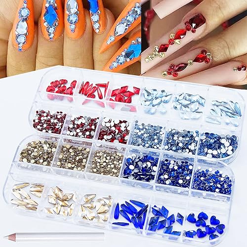 2520Pcs Color Nail Rhinestones Crystals Gems Royal Blue Champagne Gold and Red Light Blue Flatback Multi Shaped Sized Nail Glass Gems Crystals Rhinestones with Pen for Nail DIY Crafts Jewelry