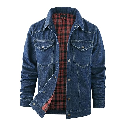Flygo Jaqueta jeans masculina forrada de flanela, corte caubói, estilo ocidental, clássica, justa, vintage, resistente, casaco de caminhoneiro