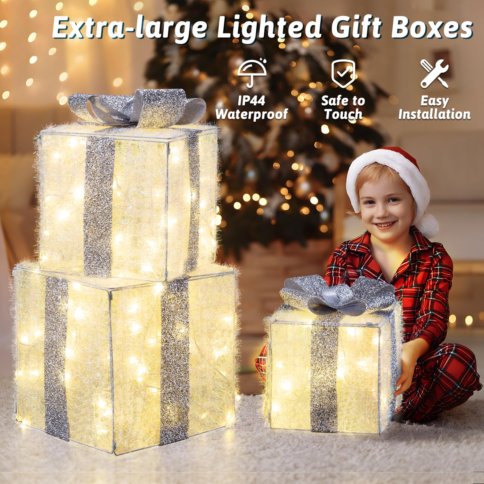 Quntis 3 Set LED Geschenkbox Weihnachtsdeko Innen Strombetrieben | 117 warmweiße LEDs, 30CM Großer beleuchtete Boxen, Lichterdeko Geschenkpakete für Weihnachtsbaum Fensterbank Garten