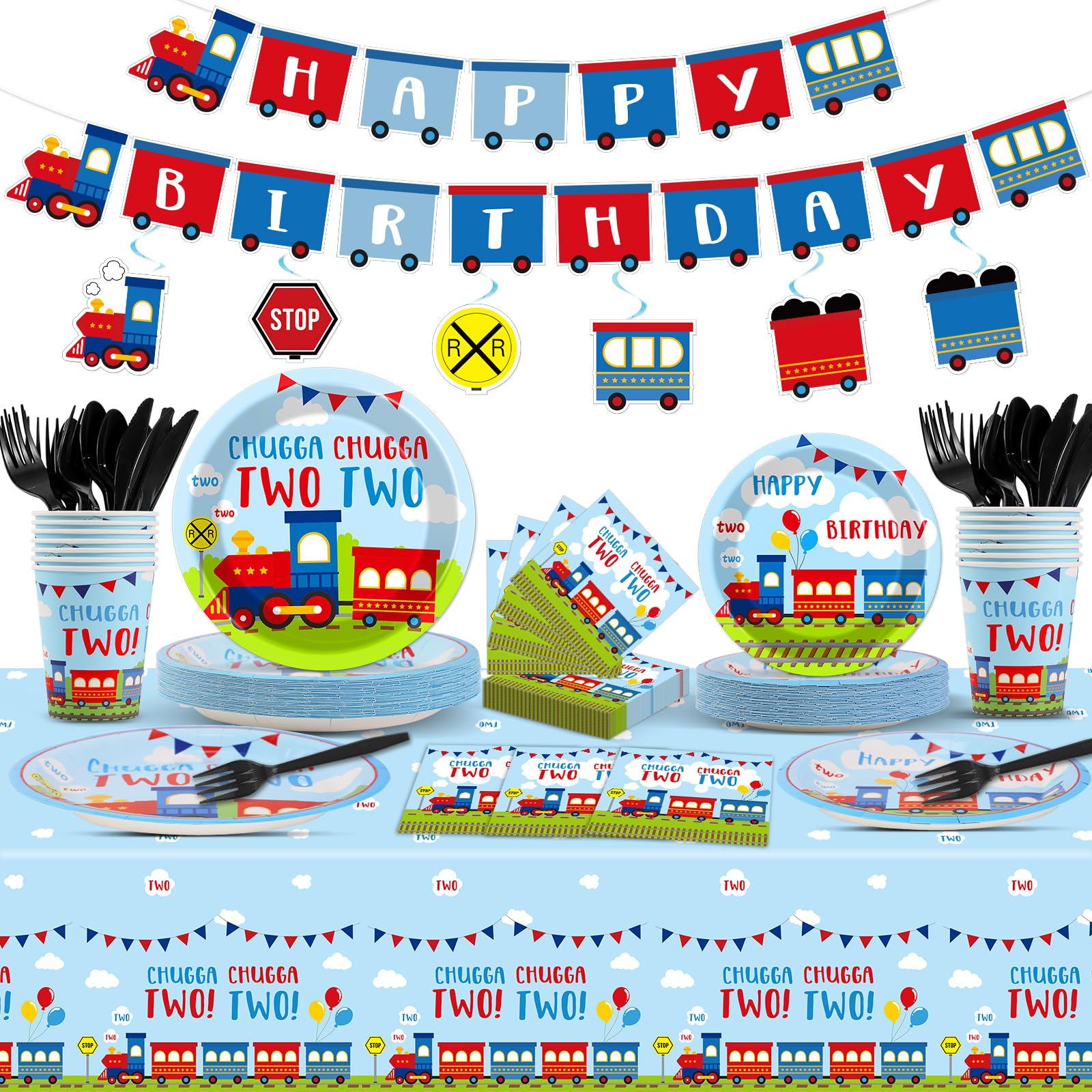 121pcs Train 2nd Birthday Party Decorations Favors Includes Plates Napkins Cups Tablecloth Swirls Banner Tableware Kit Dispose Chugga Chugga Two Two
