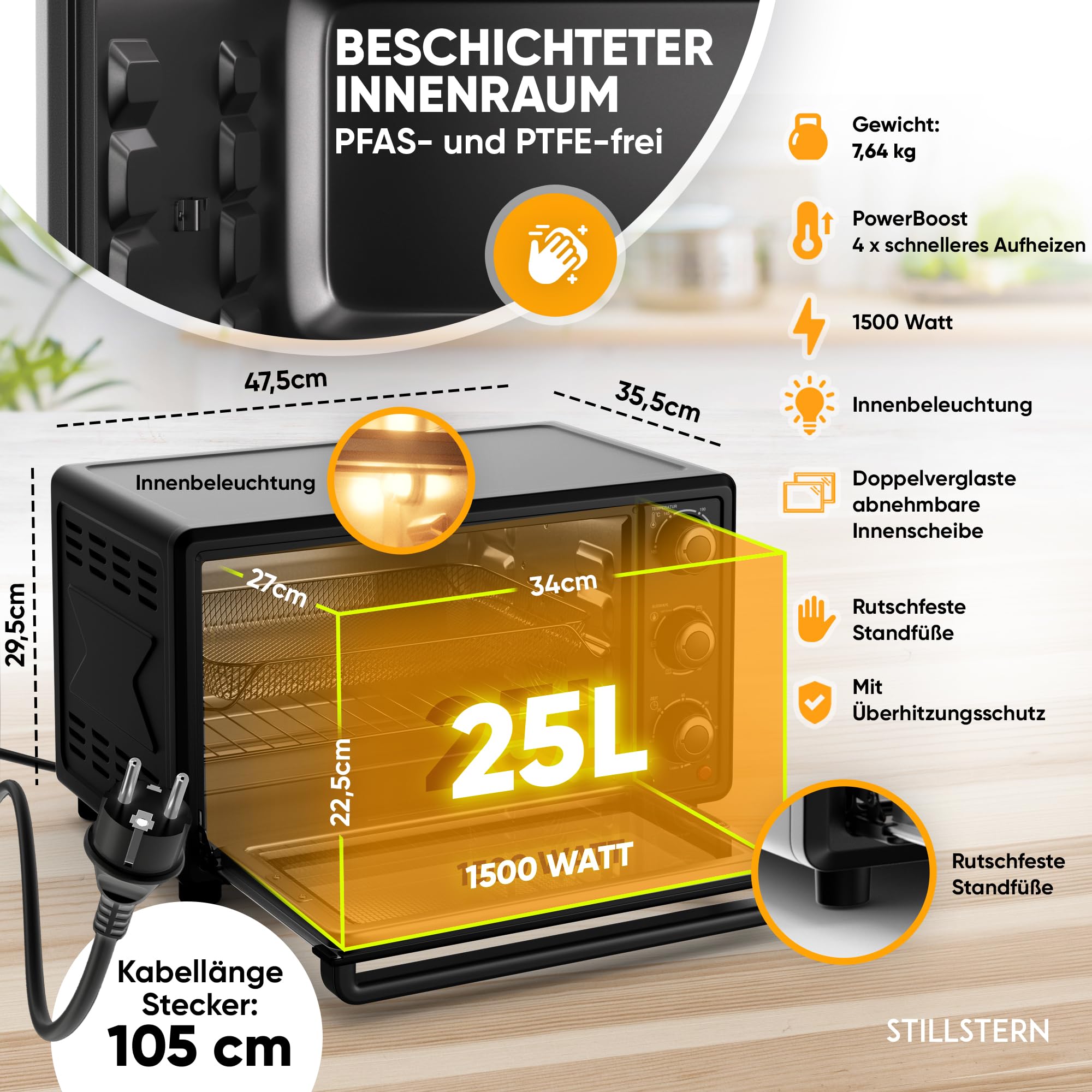 Stillstern Minibackofen mit Umluft 25L (DE Version) Pizza Ø25, CYCLONE PRO+ Antihaftbeschichtung, Auftauen, 2h Timer, Camping Mini Backofen Umluft Pizzaofen Mini Ofen klein Hähnchengrill mit Drehspieß