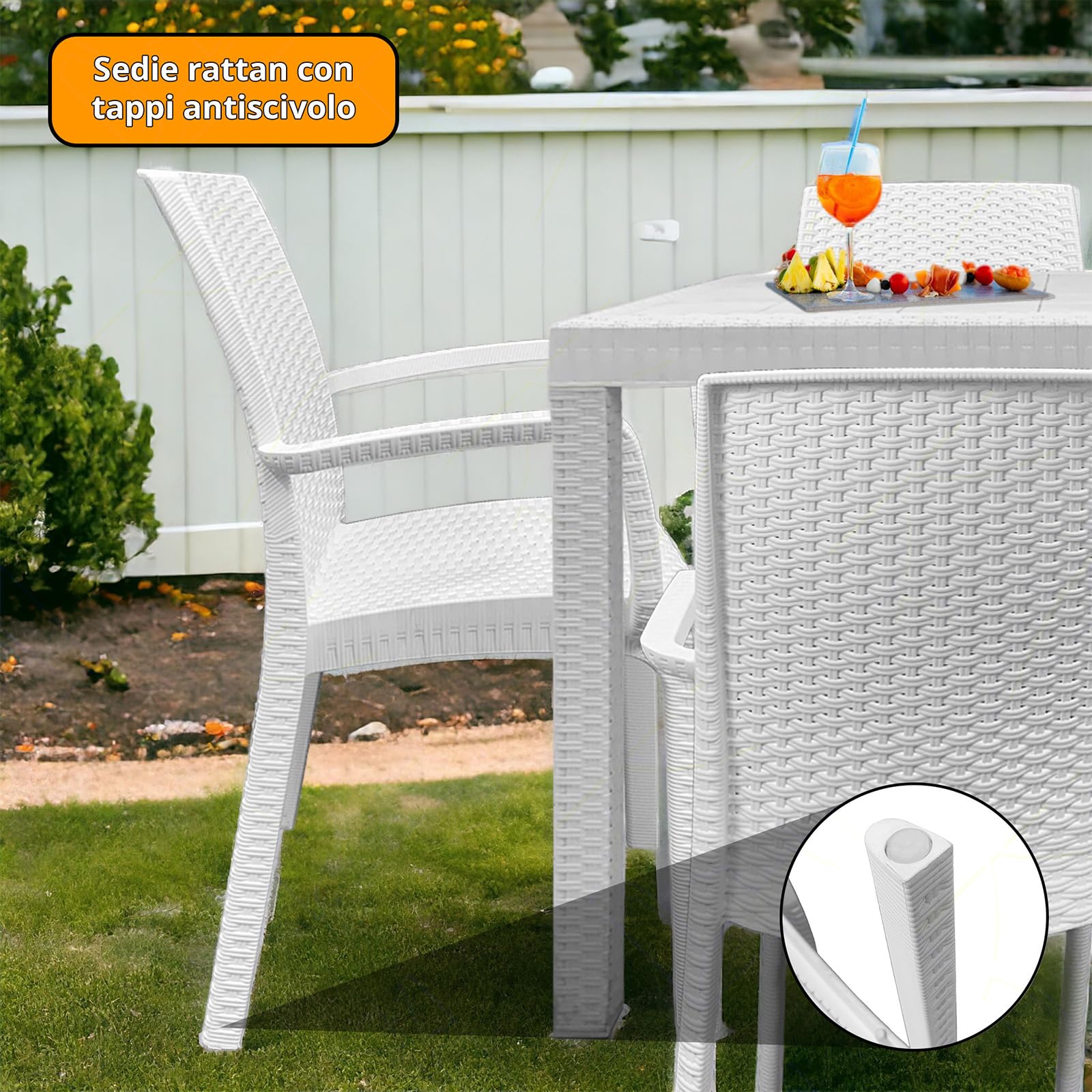 Set Giardino Sicignano - 6 Sedie + Tavolo Rettangolare 150x90 Cm In Rattan Polipropilene | Impilabile, UV Resistente | Per Esterno/Interno - Foto 4