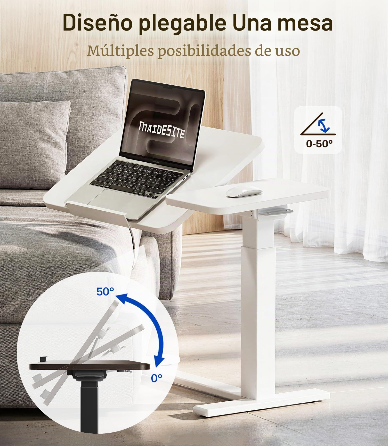 MAIDeSITe Fit Dual Mesa Auxiliar con Ruedas para Ordenador, C Forma Altura Ajustable Mesa de Cama, 70x40cm Pequeña Mesa Elevadora Rodante con Superficie Dividida y Ruedas para Salón Dormitorio