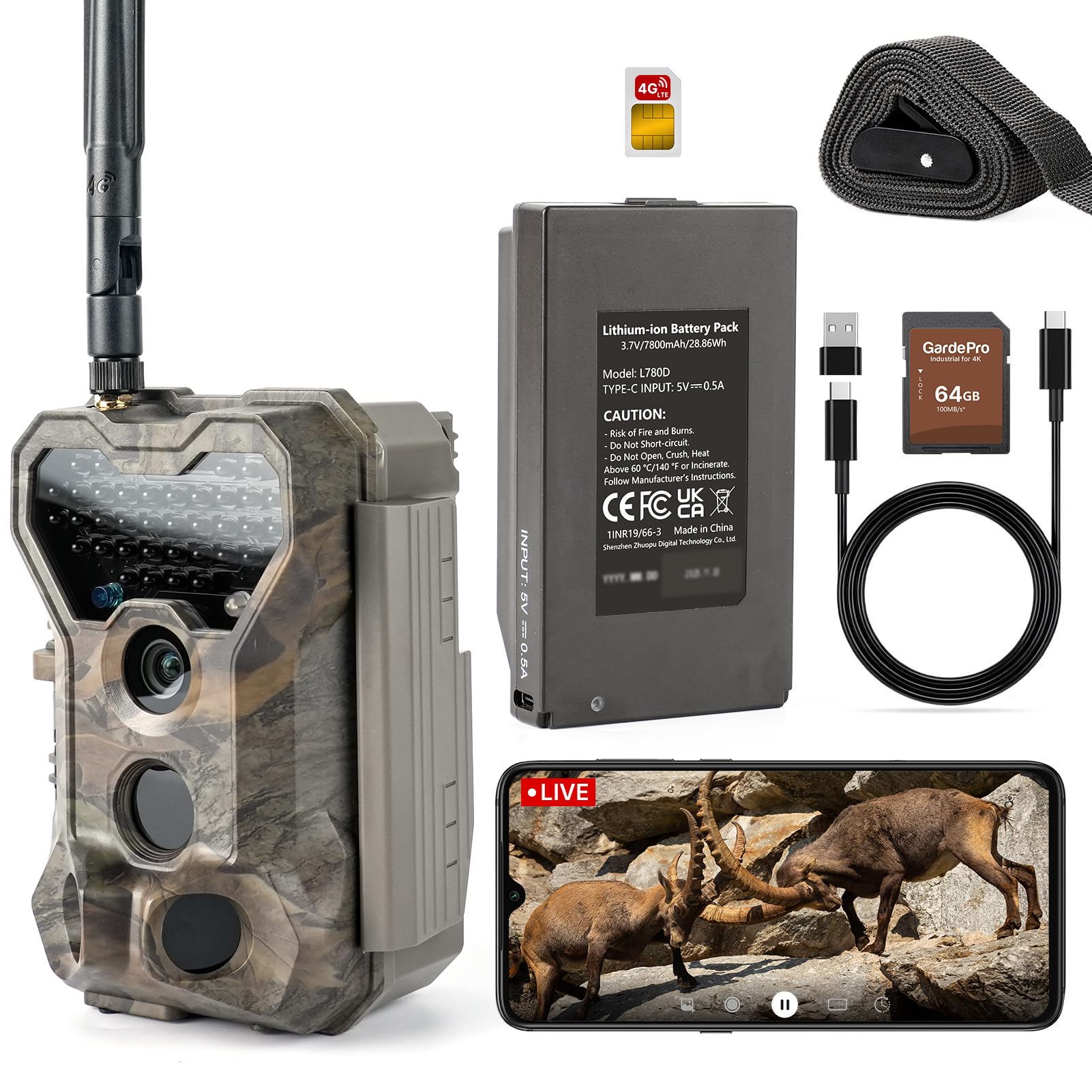GardePro X70 Pro Camara Fototrampeo 4G LTE con Transmisión en Vivo y GPS, Batería de 7800 mAh y Tarjeta SD de 64 GB, 48MP 1296P Cámara Caza, IP66 Cámara Fototrampeo con Envío al Móvil