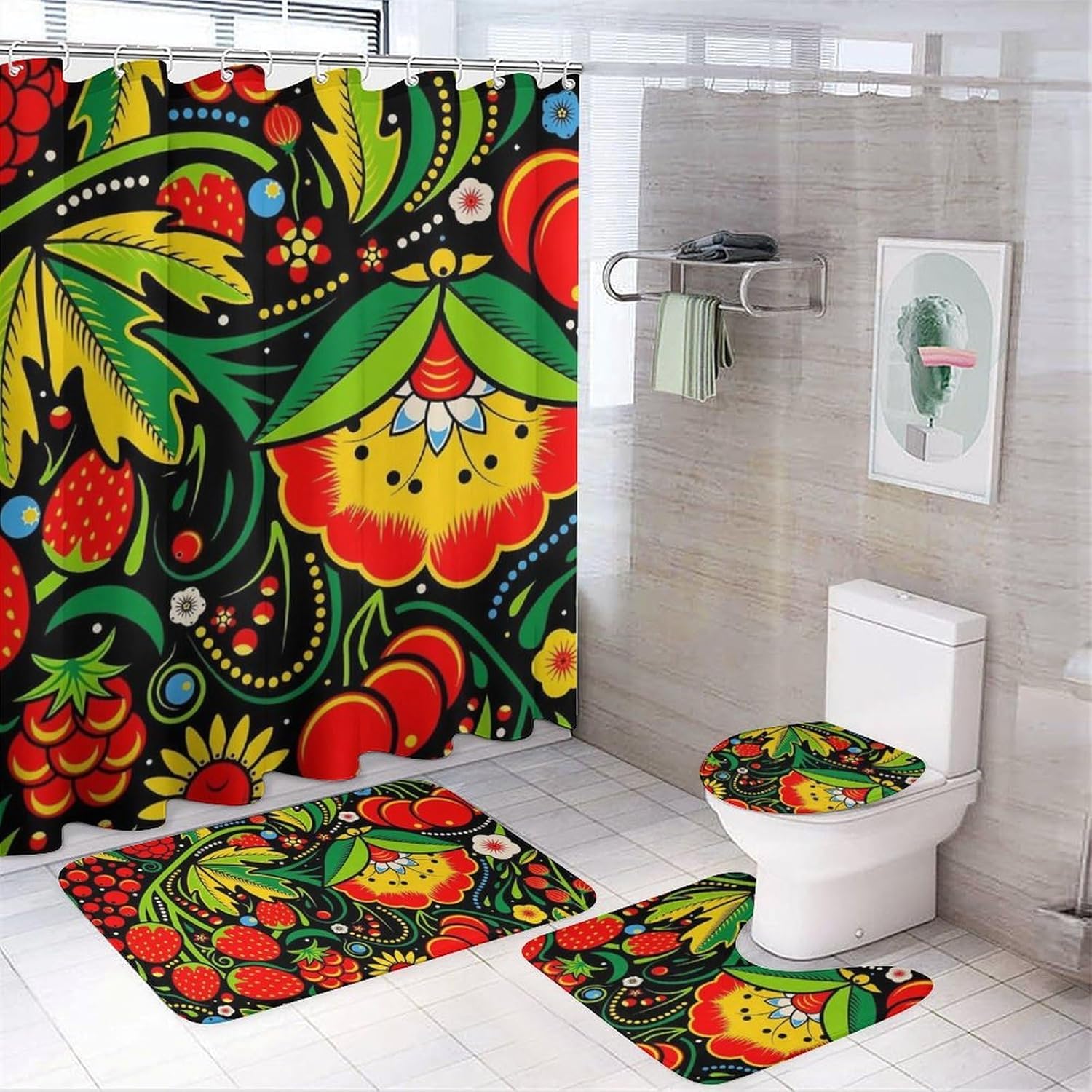 Rideaux de douche style bohème vintage et tapis de bain floral rouge pour décoration de salle de bain