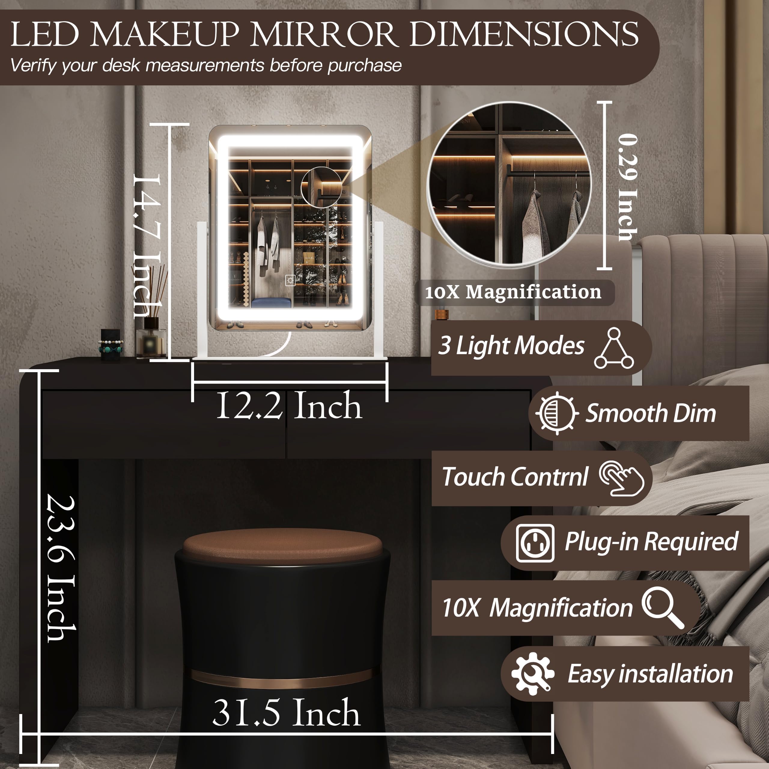 Espejo de tocador LED con luces, espejo de maquillaje iluminado con aumento, 3 luces de color de brillo ajustable, rotación de 360°, espejo cosmético desmontable para mesa de dormitorio