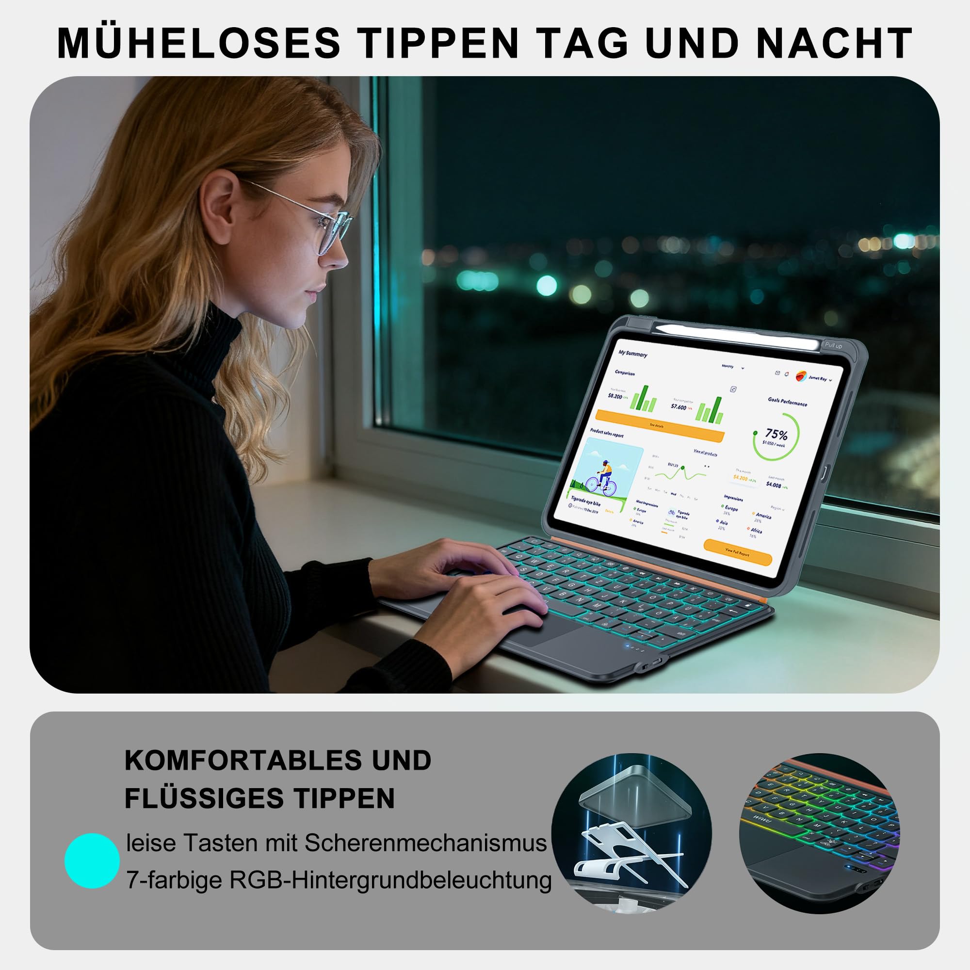 WIWU iPad-Hülle Mit Tastatur Air 11 Zoll M4/M3/M2 10 Gen,360°-Ständer,Magnetisch Abnehmbare Hülle Mit Tastatur,Hintergrundbeleuchteten Tasten,Grau(Für iPad 11/10/Air 5/4/11" (M4/M2/M3)Pro 11" 4/3/2/1)