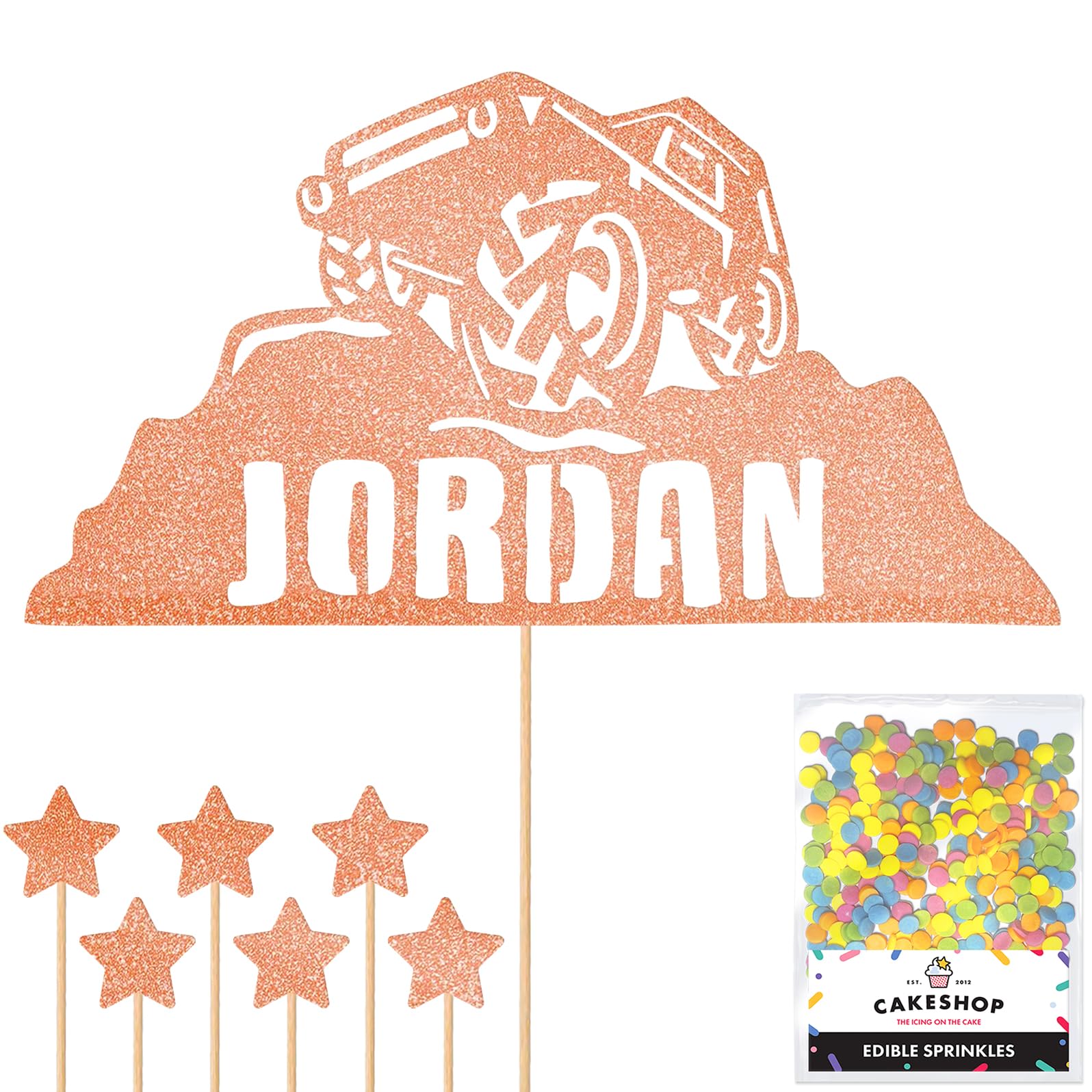 Personalised Off-Road Land Rover Jeep Glitter Topper - Rose Gold Custom Name 4x4 Glitter Cake Decoration and Sprinkles - Happy Birthday Decorations - Personalised Toppers for Cakes by Cakeshop