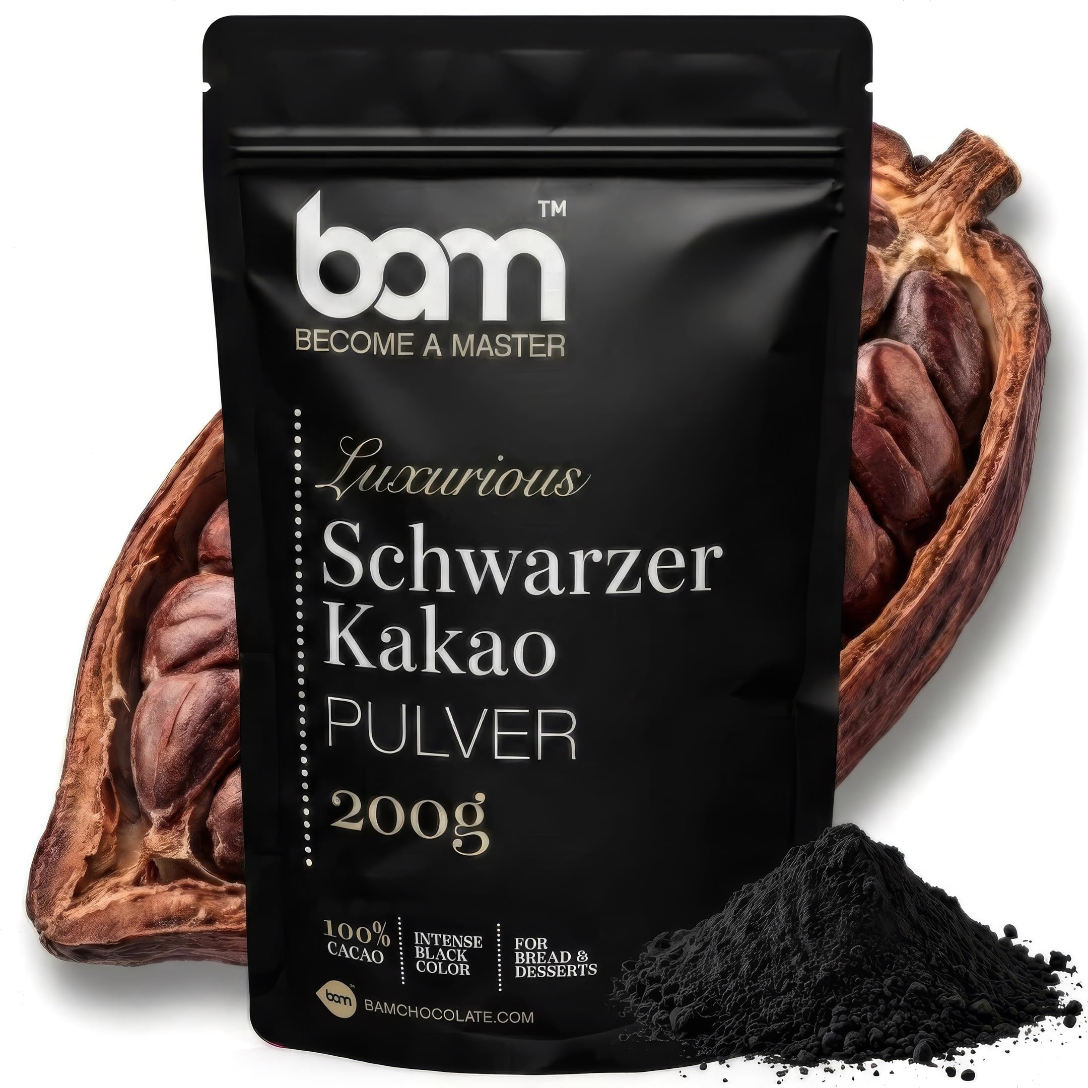 BAM Schwarzes Kakaopulver – 100% Kakao, Ungesüßt & Vegan | Intensiv Schwarze Farbe zum Backen von Keksen, Kuchen, Desserts & Glasuren - 200g