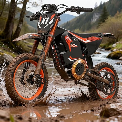 X1 Spark Electric Dirt Bike for Teens Adults, 4500W Mid-Drive Motor, 60V 28.8Ah Battery, 50MPH, 60 Miles Range E-Dirt Bike, Dual Suspension Off-Road Ebike for Ages 13+ (M, 14"/12")