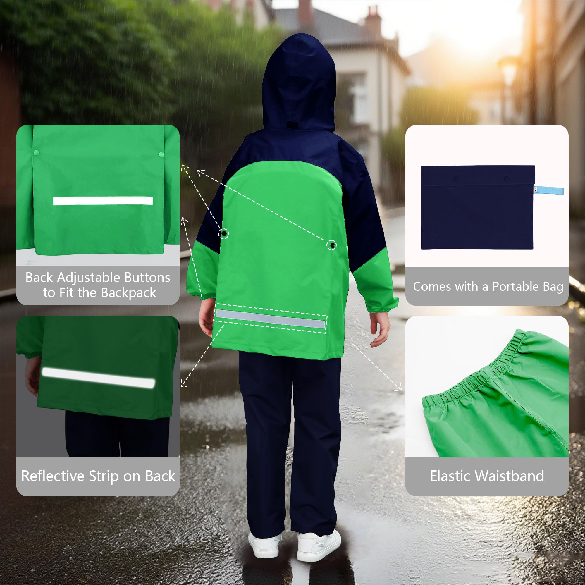 Niño Chubasquero Impermeable con Capucha y Bolsa Portátil Chaqueta Lluvia & Pantalones Traje Impermeable Traje de Lluvia Conjunto Ligero Acampada Primavera Abrigos para 11-12 años, Verde