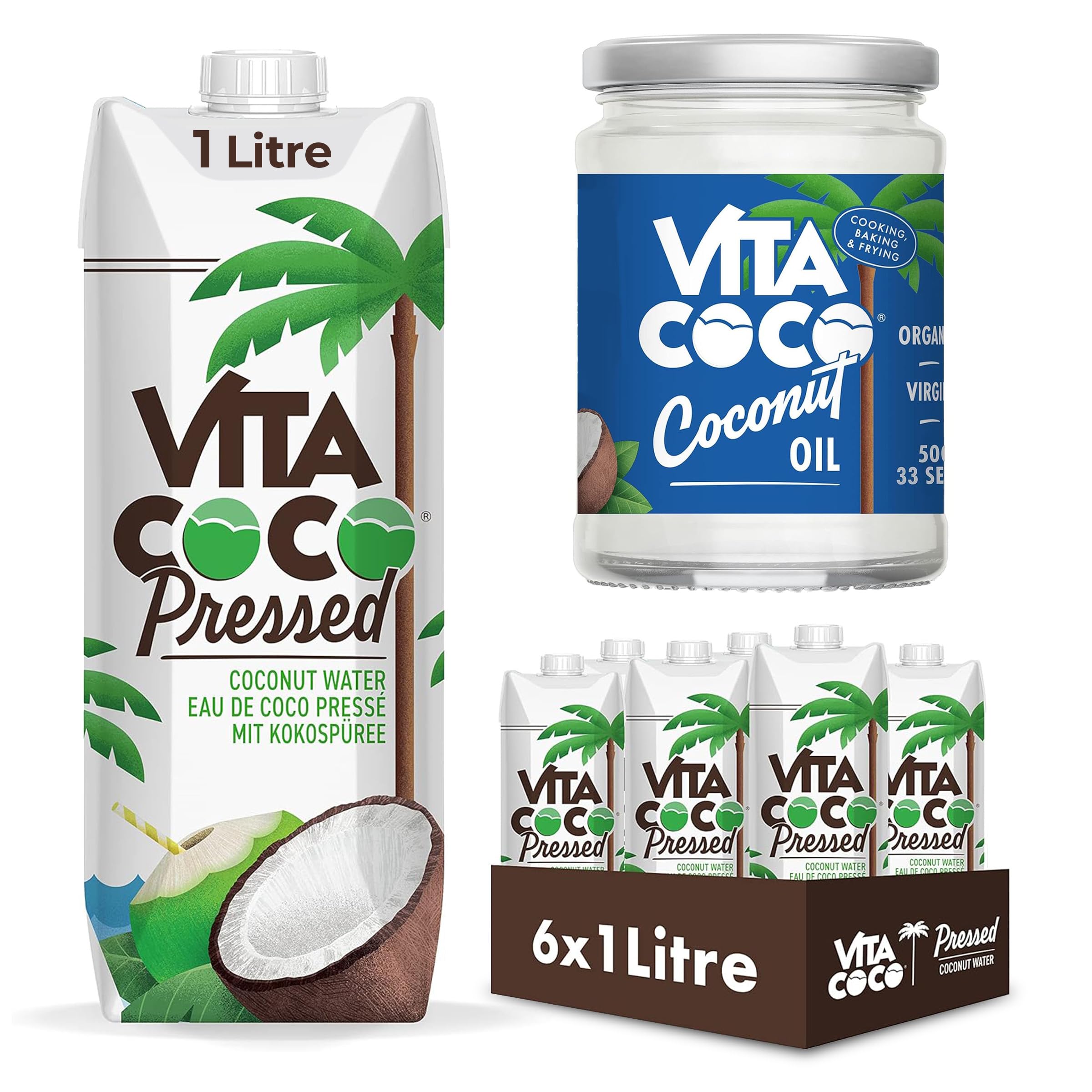 Vita Coco Paquete, Agua de Coco Prensada 6 x 1L + Aceite de Coco Prensado en Frío y Ecológico Virgen Extra 500 ml, Hidratante Natural con Electrolitos, Vitamina C, Potasio y Sin Gluten