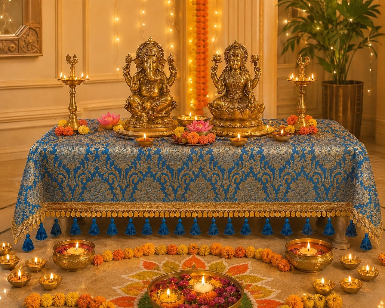 Blue Brocade Silk Luxurious Rectangular Chowki Cover 12x18 Inches with Gold Fringe & Tassels | Puja Chowki, Puja Stool, Ganpati Chowki, Puja Platform, Puja Table & Singhasan Cover for Navratri,Diwali-image-25