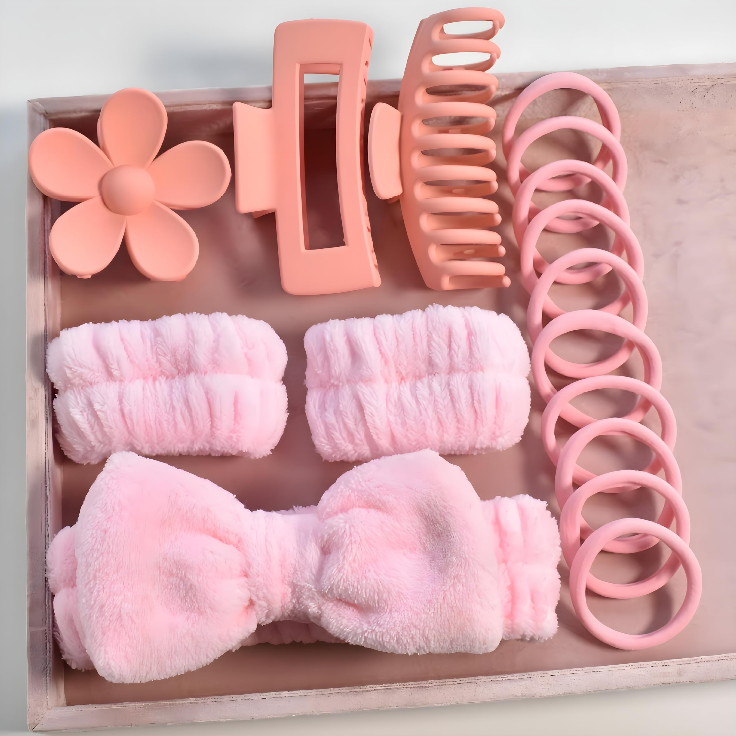 sivige 16 Pcs/Set Spa Washing Face & Makeup Accessories for Women | Fluffy Wristbands, Bow Headbands & Flower Hair Claw Set (Pink)-picture-33
