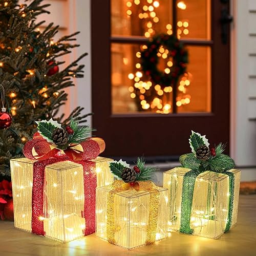 Miniatura 4 de Cajas de regalo iluminadas de Navidad con control remoto, juego de 3 cajas de regalo de tela con purpurina iluminada con 60 luces de cambio de color