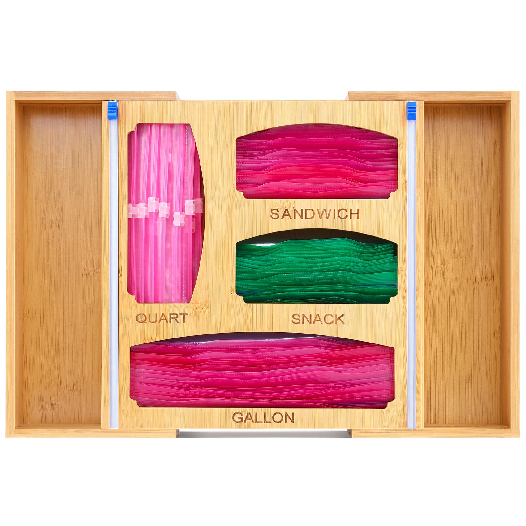 LANDNEOO Storage Organizer for Food Bag, Expandable Kitchen Drawer Dispenser, Bamboo Holder with Slide Cutter, Suitable Gallon, Quart, Sandwich, Snack Bags and 12" Aluminum Foil & Wax Paper