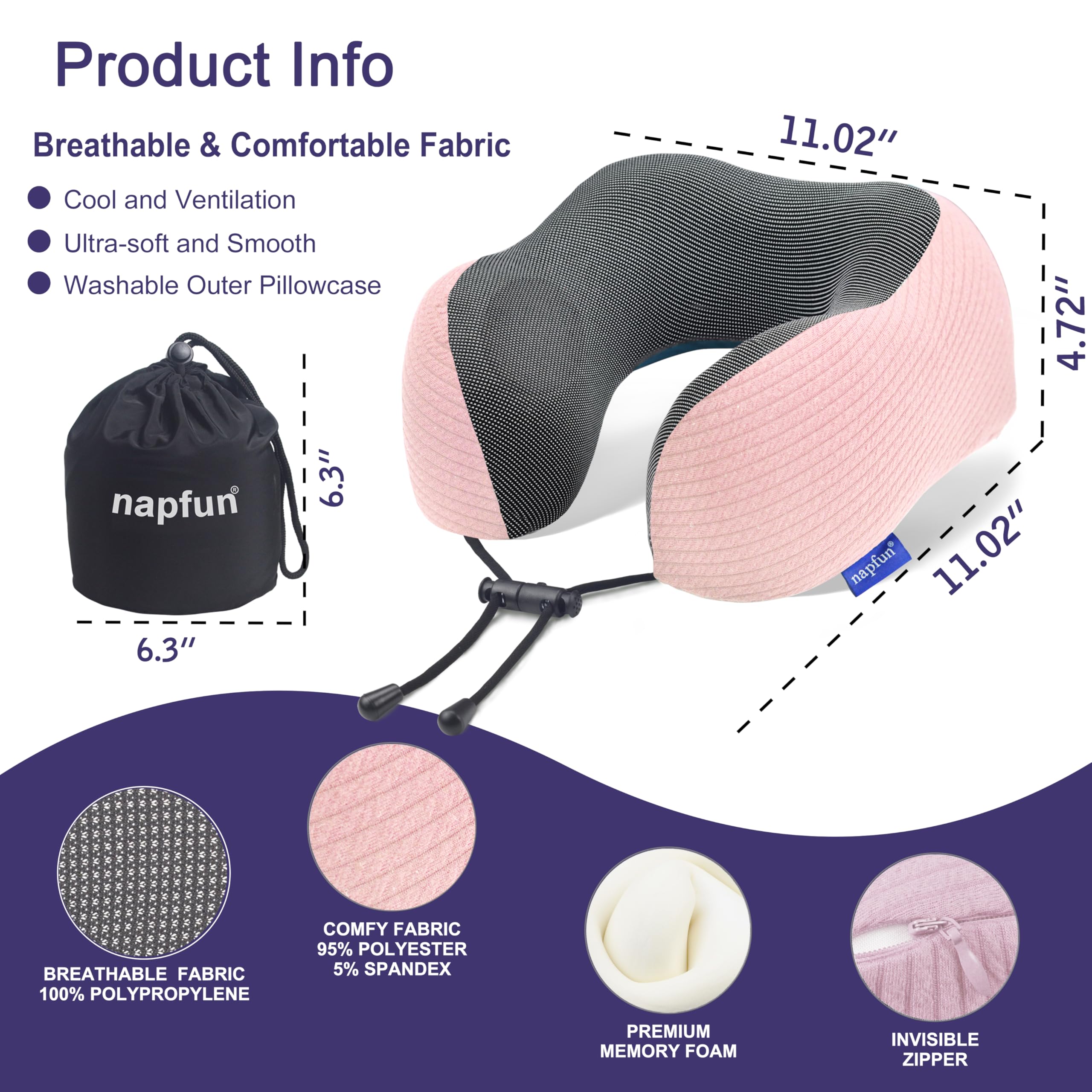 napfun Neck Pillow for Travel, Memory Foam Airplane Pillow, Pink view 2