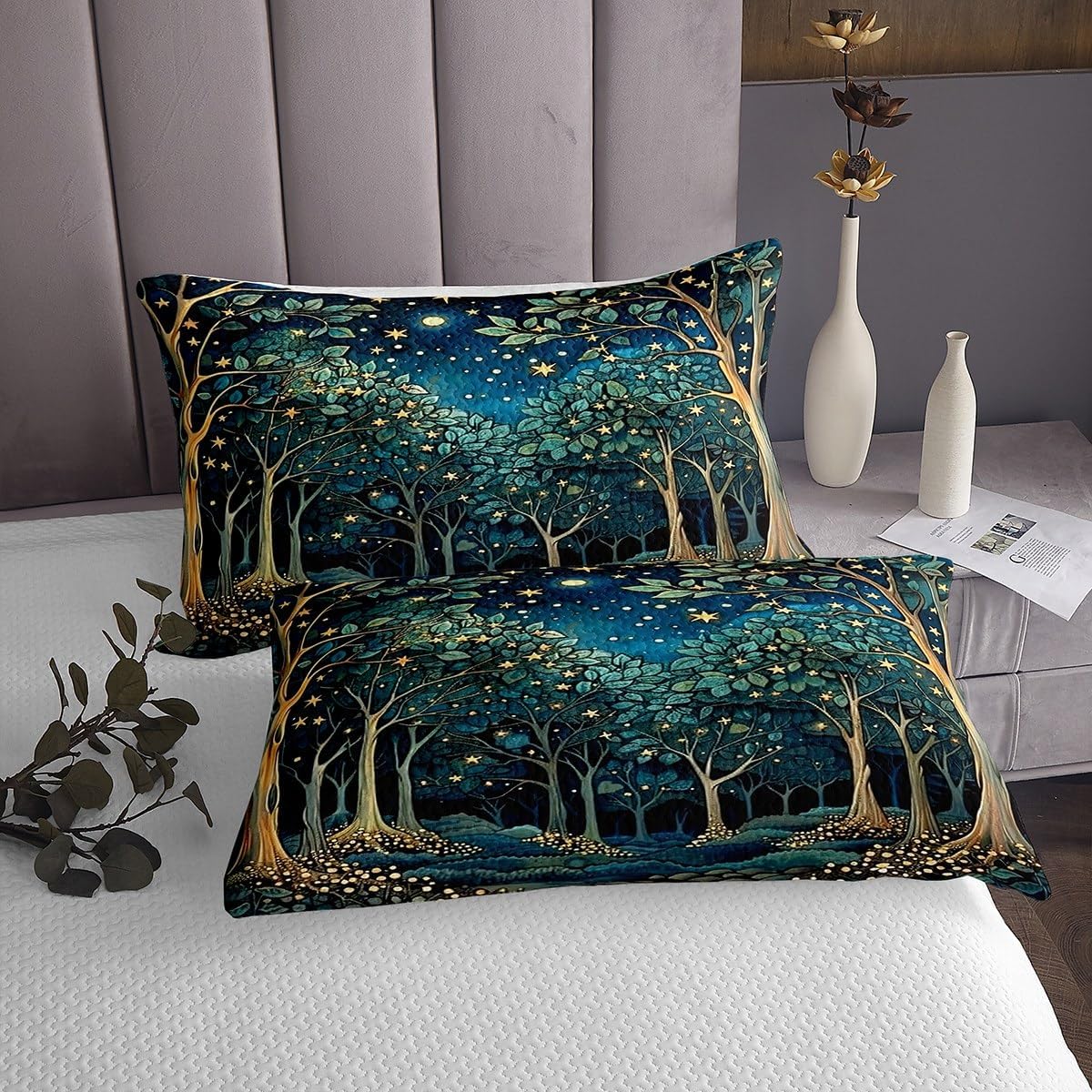 Erosebridal Fantasy Stars Coverlet Set Queen Bohemian Night Bedspread for Women Girls Botanical Woodland Tree Retro Art Dreamy Quilted Coverlet Abstract Mysterious Aesthetic Quilted