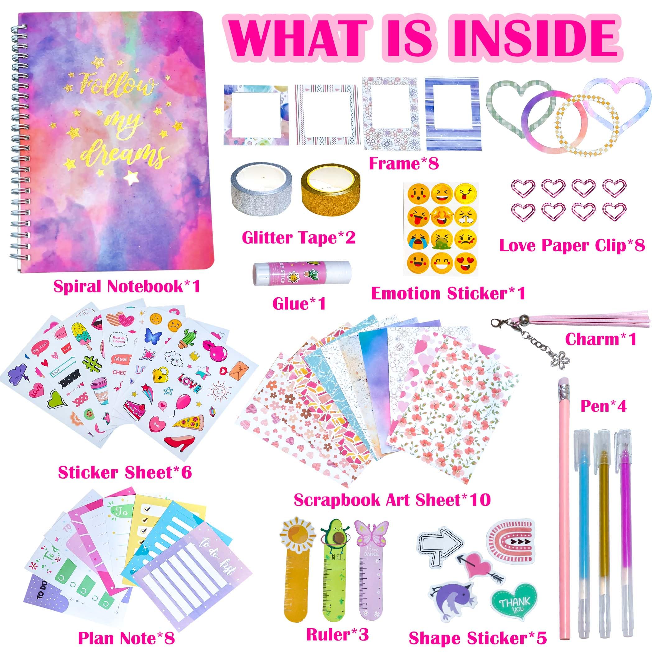 Yowamho DIY Journal Kit for Girls, Journal Set for Teenage Girls Ages 4+, Stationery Set, Scrapbook & Diary Supplies Set, Journaling Notebook Art Crafts Kit, Great for Birthdays, Holidays(Pink A)