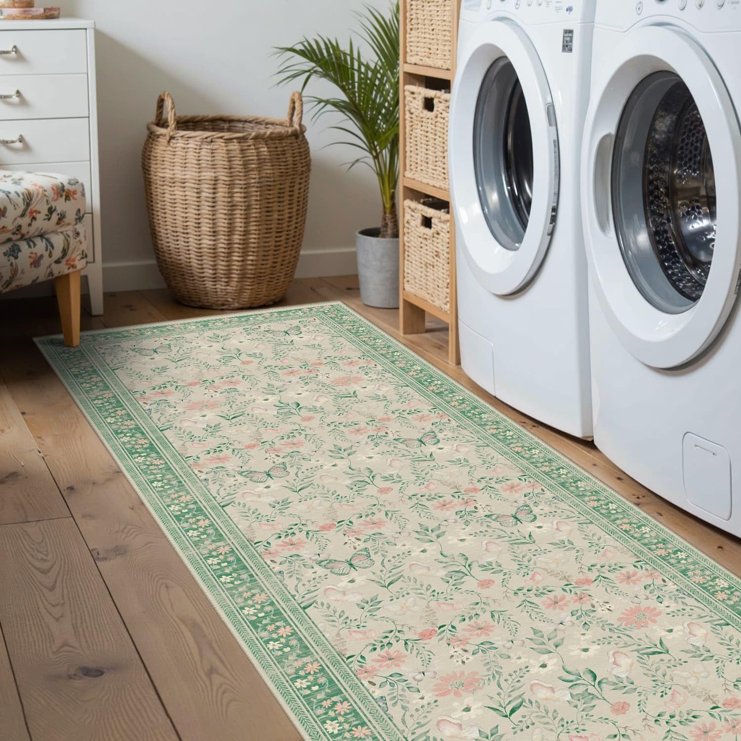 Rugxara 2x6 Floral Runner Rug, Washable Runners for Hallways, Green Vintage Boho Kitchen Rugs, Non Slip Hallway Runner Carpet for Indoor Hallway, Kitchen, Laundry Room and Bathroom