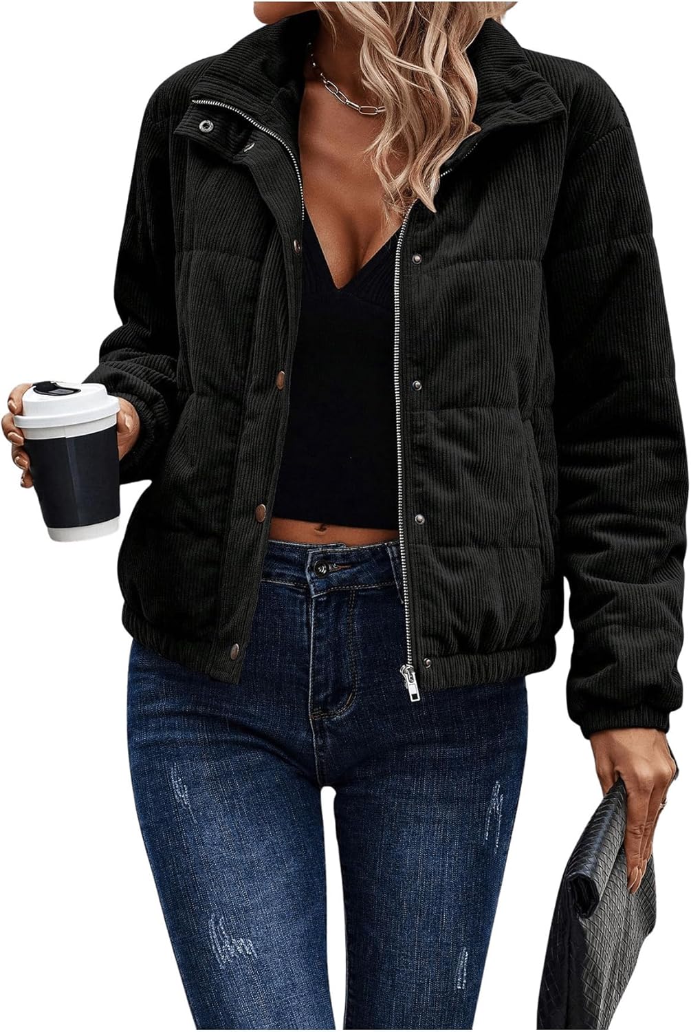 SOLY HUX Women's Corduroy Quilted Puffer Jacket Zip Up Long Sleeve Padded Bomber Barn Jackets Coat with Pockets