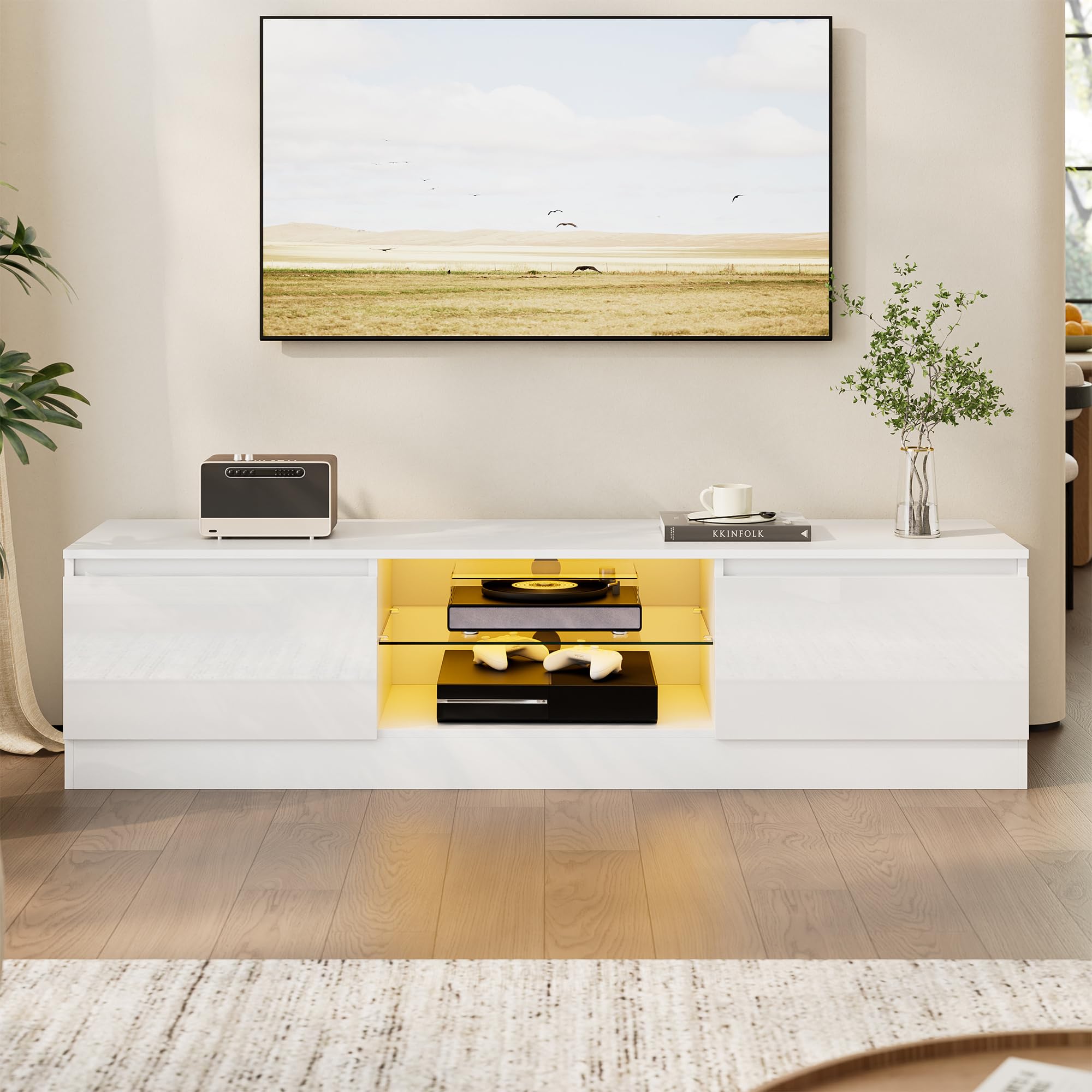 160 cm TV Schrank für Fernseher bis zu 70 Zoll, TV Board mit 16 Farben LED Beleuchtung und 2 Türen, Lowboard Stehend, Fernsehtisch für Schlafzimmer, Wohnzimmer, Esszimmer (Weiß)