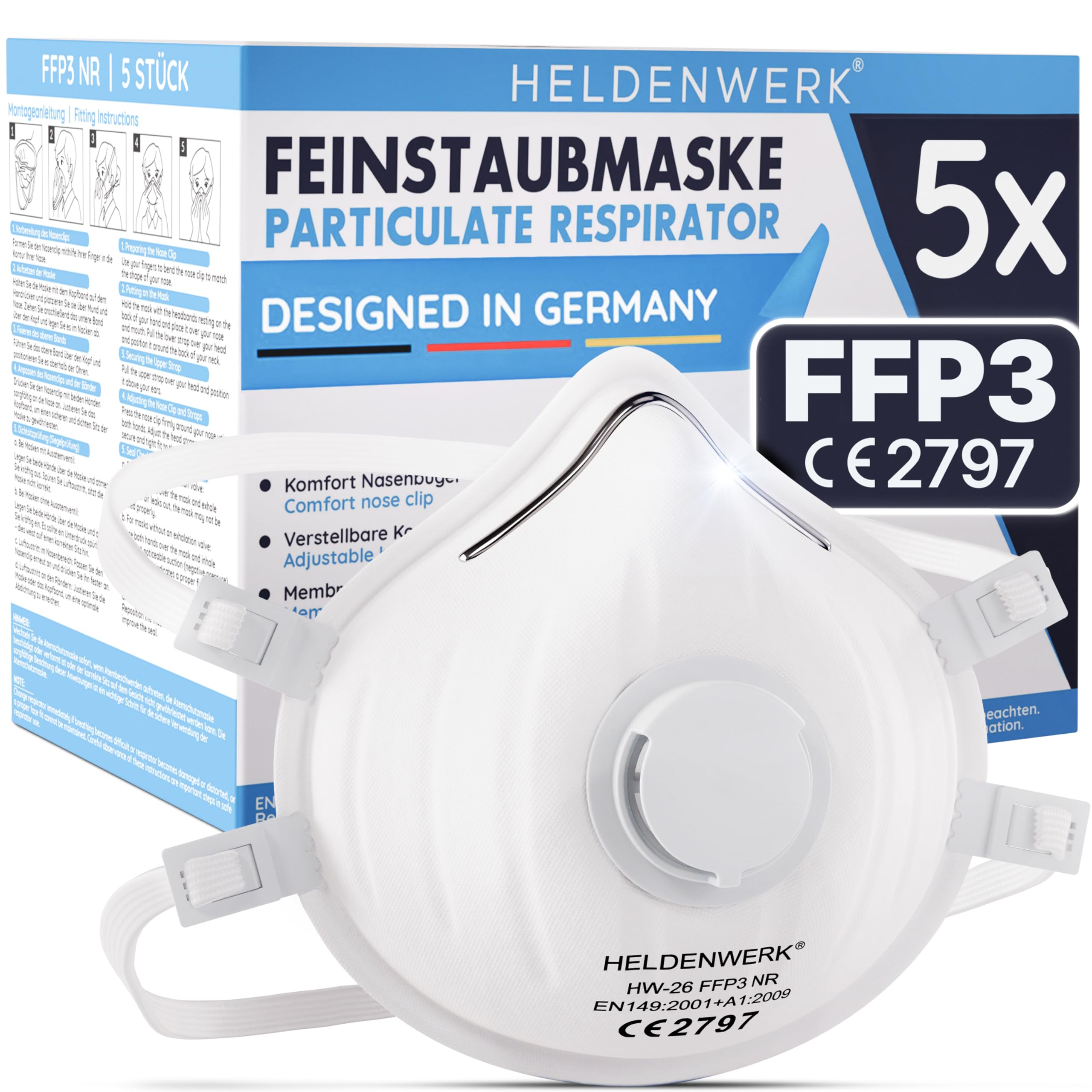HELDENWERK® FFP3 Maske mit Ventil – 5er, 10er oder 20er Set – Atemschutzmaske/Staubschutzmaske zertifiziert Ausatemventil – Staubschutzmasken mit verstellbaren Hinterkopfband