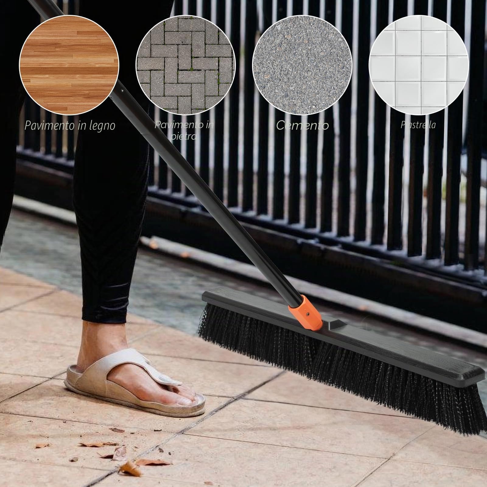 TreeLen Scopa a spinta da 61 cm per esterni, resistente, con manico lungo, setole rigide, per patio, cortile, garage, terrazza, vialetto, pulizia pavimenti in cemento