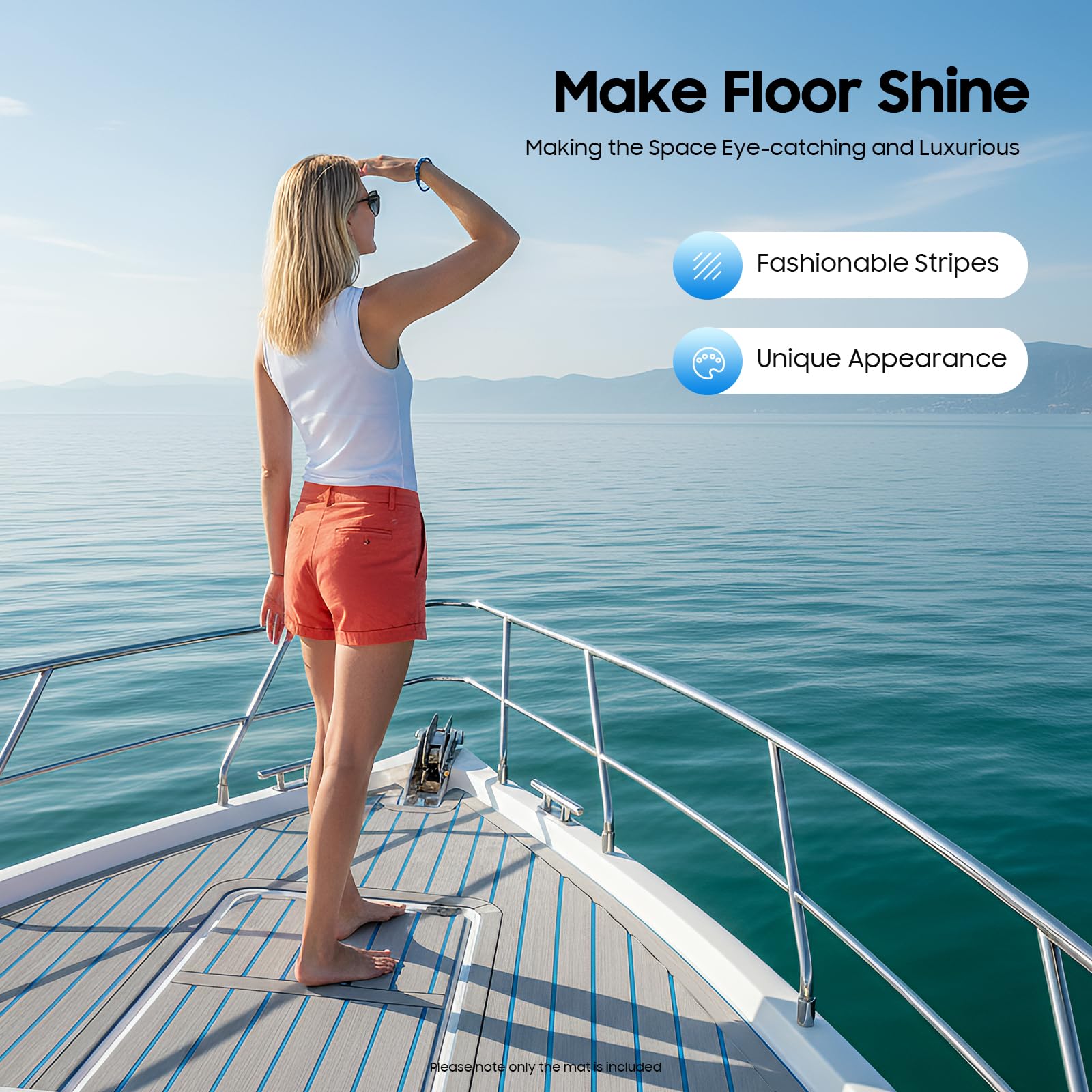 Eva Teak Tapis de Sol Autocollant 240 x 60 cm Revêtement de Sol antidérapant de 6 mm pour Votre Maison, Bateau, Marine, Salle de Sport, Gris Clair avec Coutures Bleue