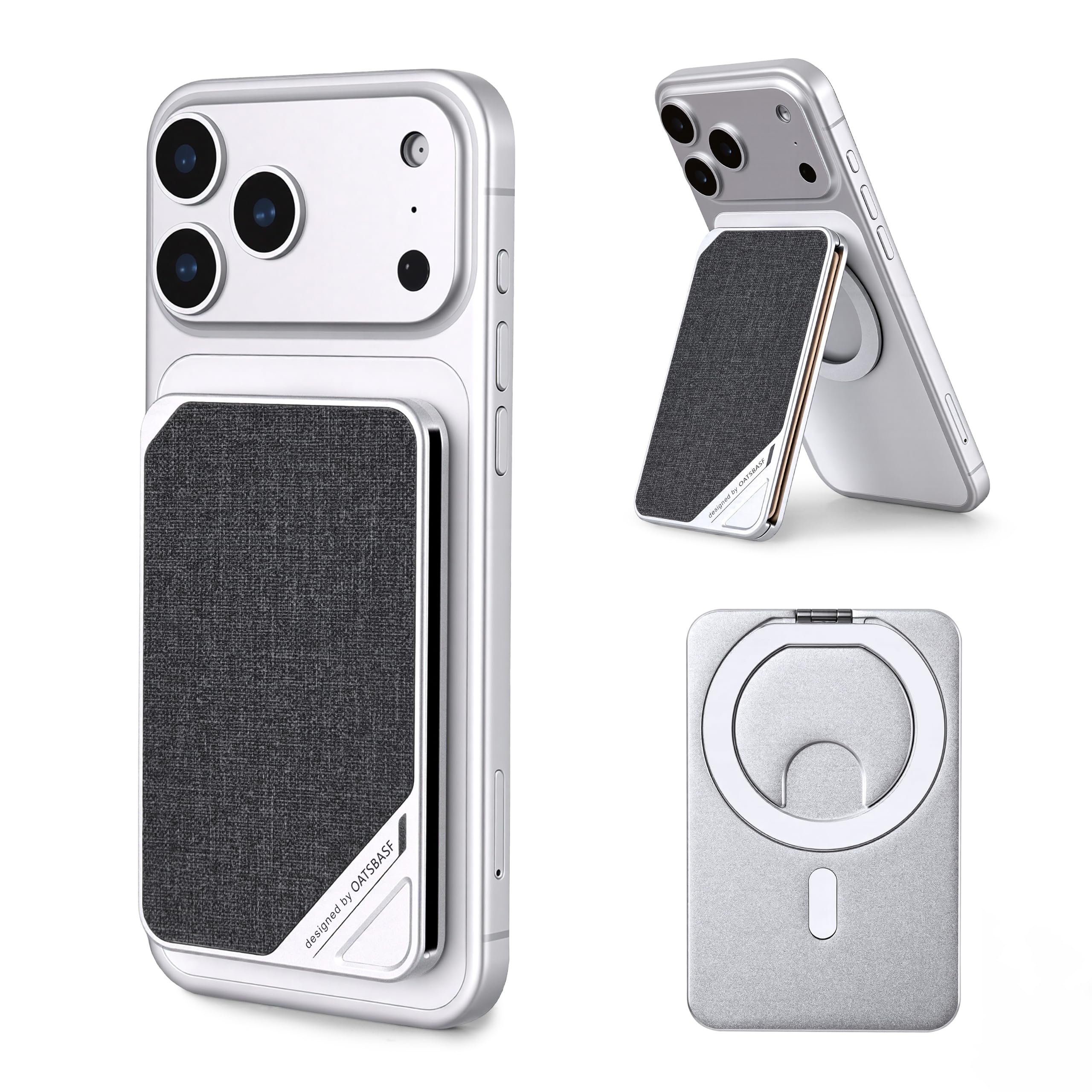 OATSBASF Magnetische Geldbörse aus Metall mit Ständer für 3 Kartenhalter für iPhone Serie, silber, Hochwertiges Metall