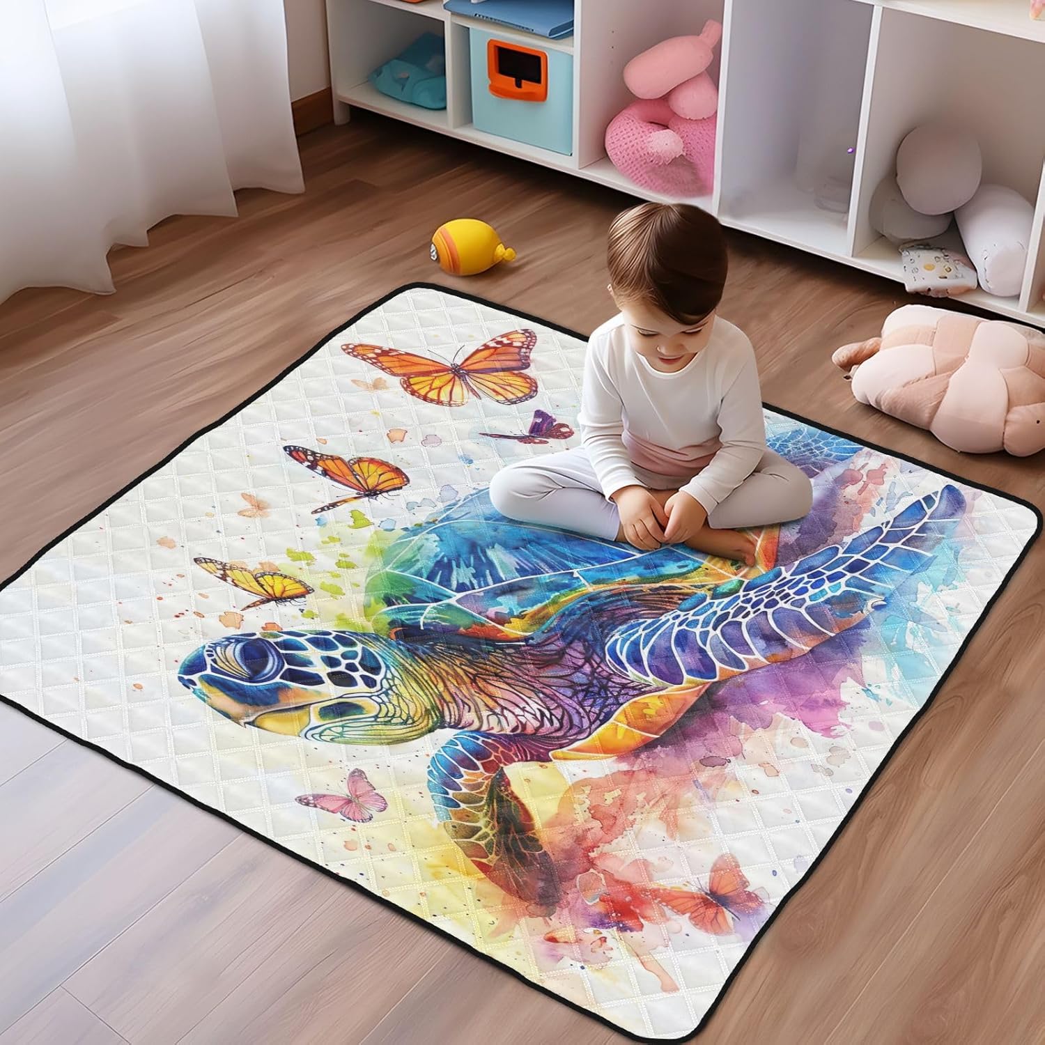 Qilmy Sea Turtle Baby Gyms Play Mat for Floor, Waterproof Soft Crawling Mat with Non-Slip Bottom, Lightweight Foldable Picnic Camping Mat for Infants, Toddlers, 50x50in