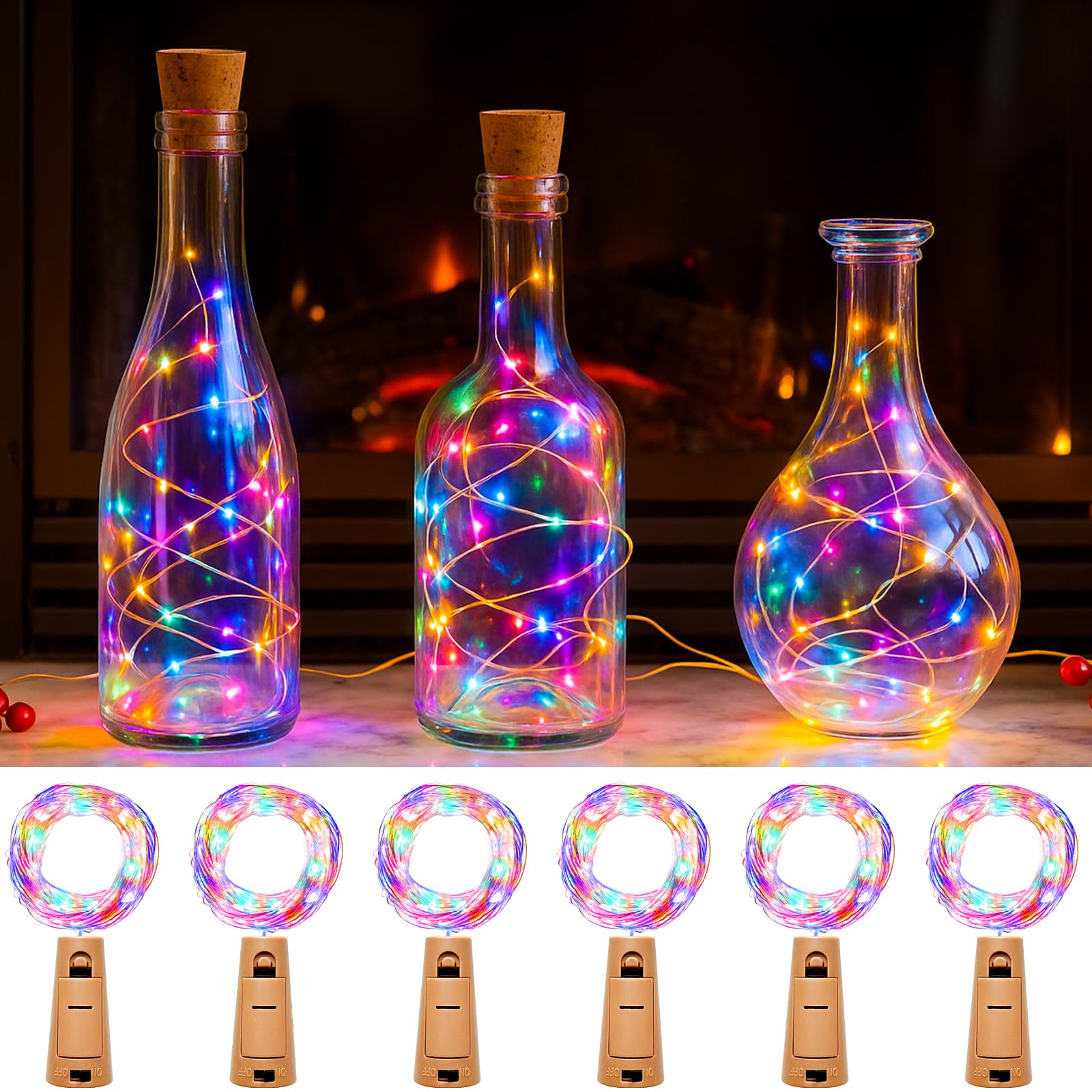 kolpop 6 Stück LED Lichterkette mit Batterie, 2M 20LED Mini Lichterkette für Außen/Innen Deko Flaschenlichter DIY, Party, Hochzeit,Weihnachten-Mehrfarbig
