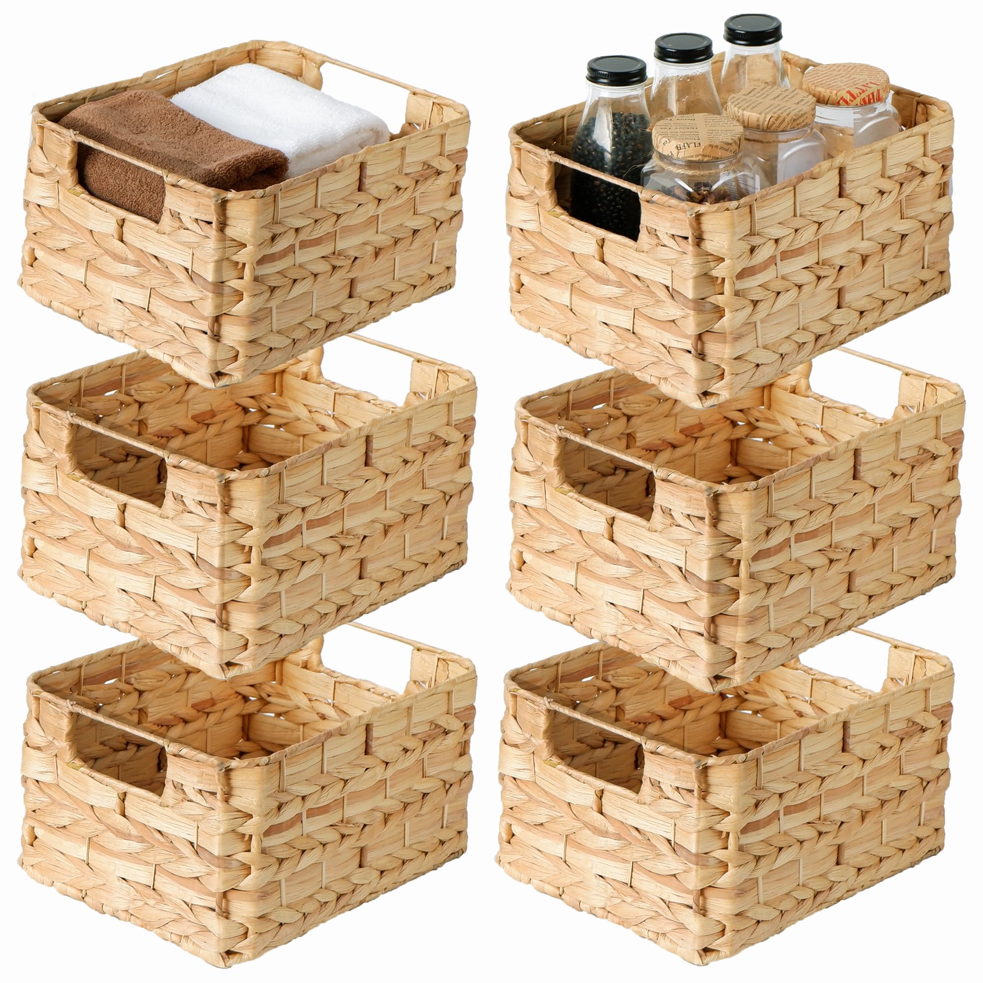 Wicker Pantry Storage Baskets, Set of 6 Hyacinth Baskets for Shelves 12x9x6, Pantry Storage Shelf Organizers, Rectangle Pantry Baskets, Water Hyacinth Baskets for Storage, Decoration