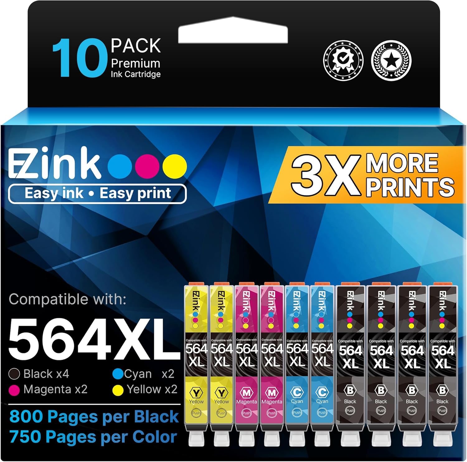 E-Z Ink Compatible 564xl Ink cartridges for hp Printers Replacement for hp 564 Ink cartridges Combo Pack Black and Color for PhotoSmart 7520 7510 6510 6520 DeskJet 3520 3522 OfficeJet 4620 (10Pack)