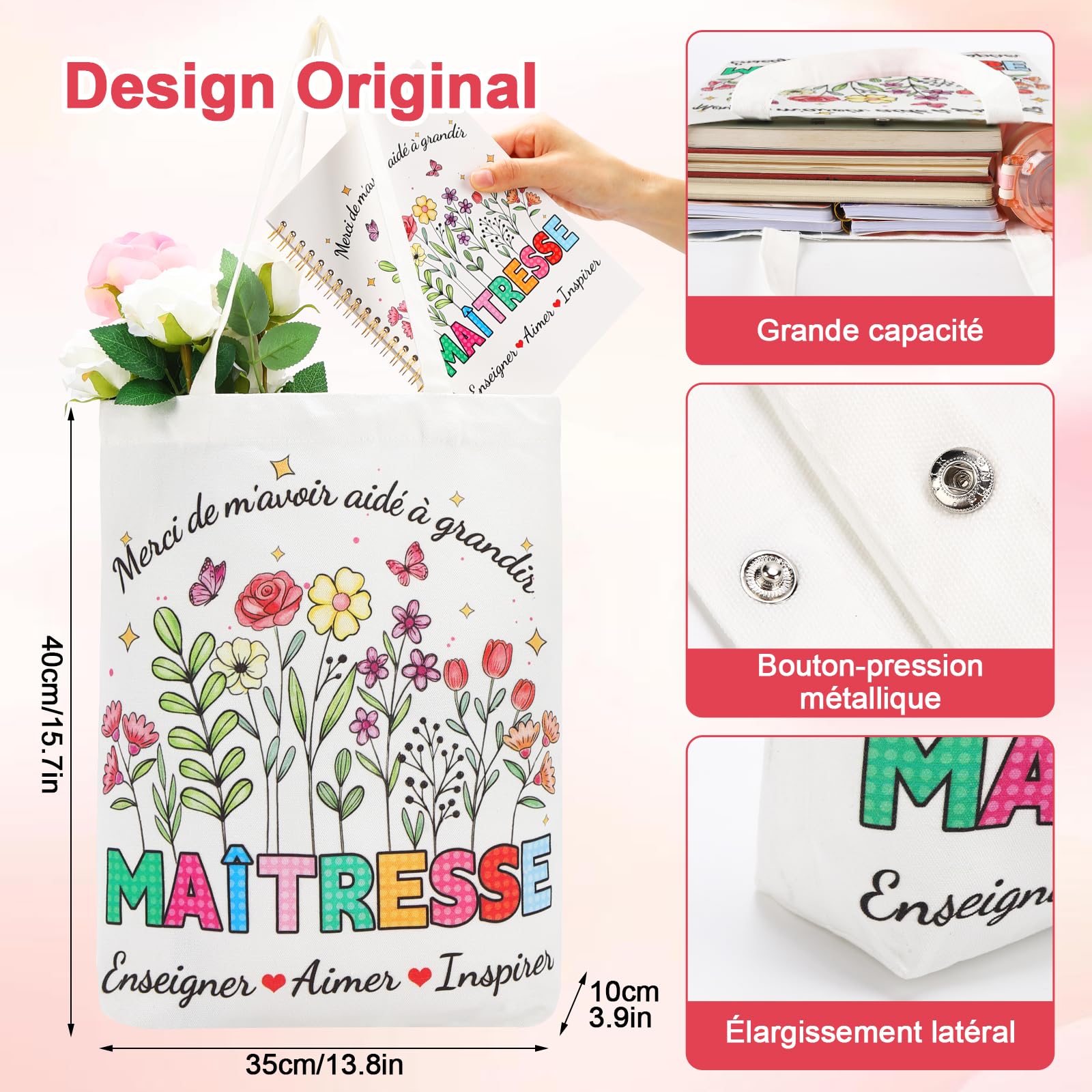 Echehi Cadeau Maitresse d'École Fin d'Année, Avec Tote Bag, Carnet A5, Stylo