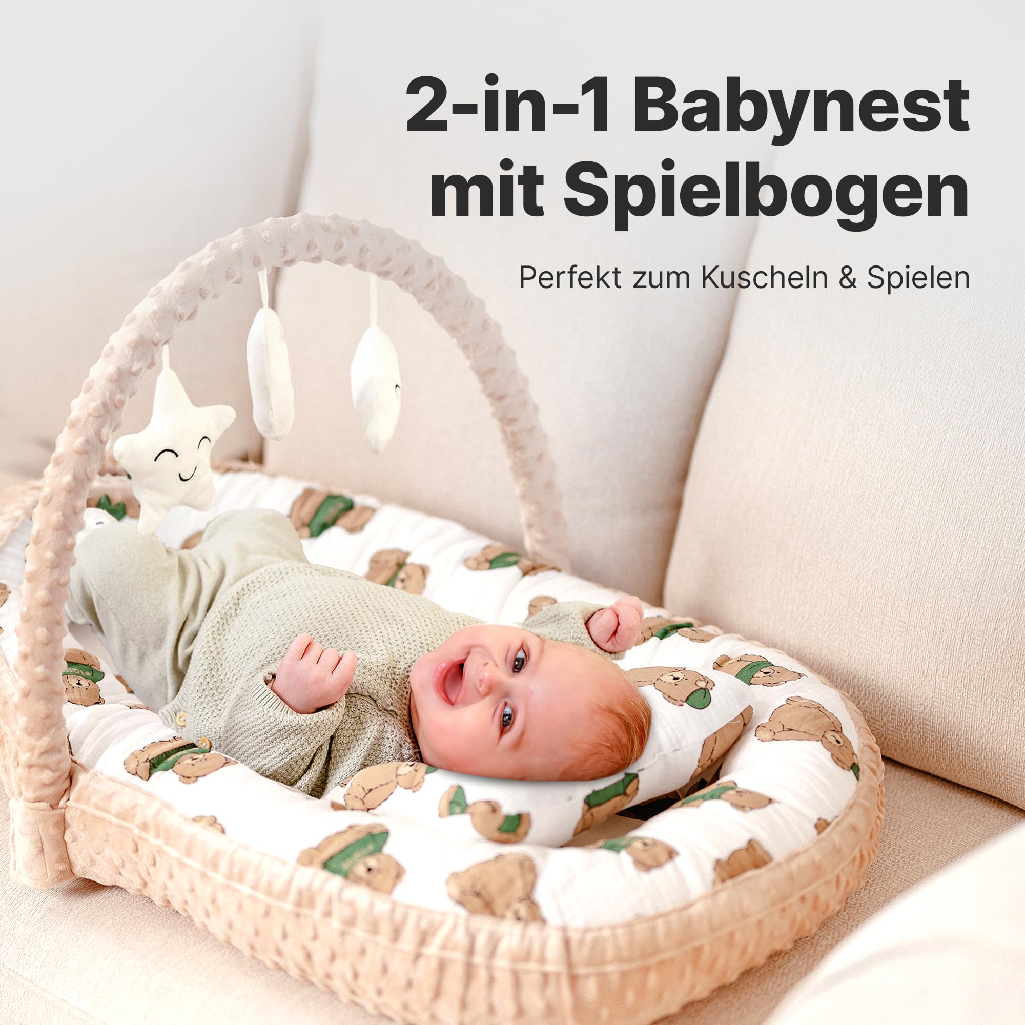 Babynest [inkl. Spielbogen] Baby Nestchen aus OEKOTEX Stoffen, Babynestchen für Neugeborene, Kuschelnest für Mädchen und Jungen | Beige & Bären (Beige mit Bären)